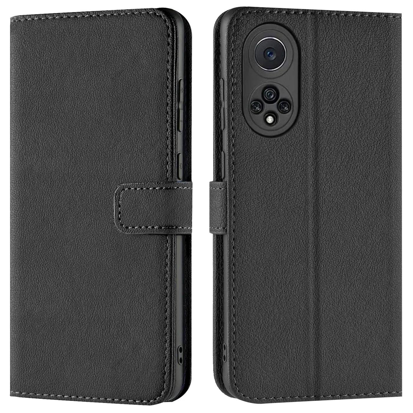 Schwarze Leder-Klapphülle mit Kartenfächern, Vorder- und Rückansicht, für Huawei Nova 9 / Honor 50.