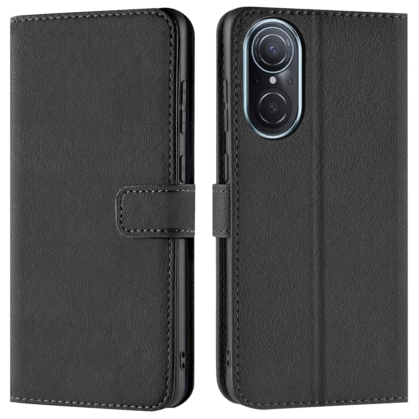 Schwarze Kunstleder-Klapphülle mit Kartenfächern, Vorder- und Rückansicht, für Huawei Nova 9 SE.