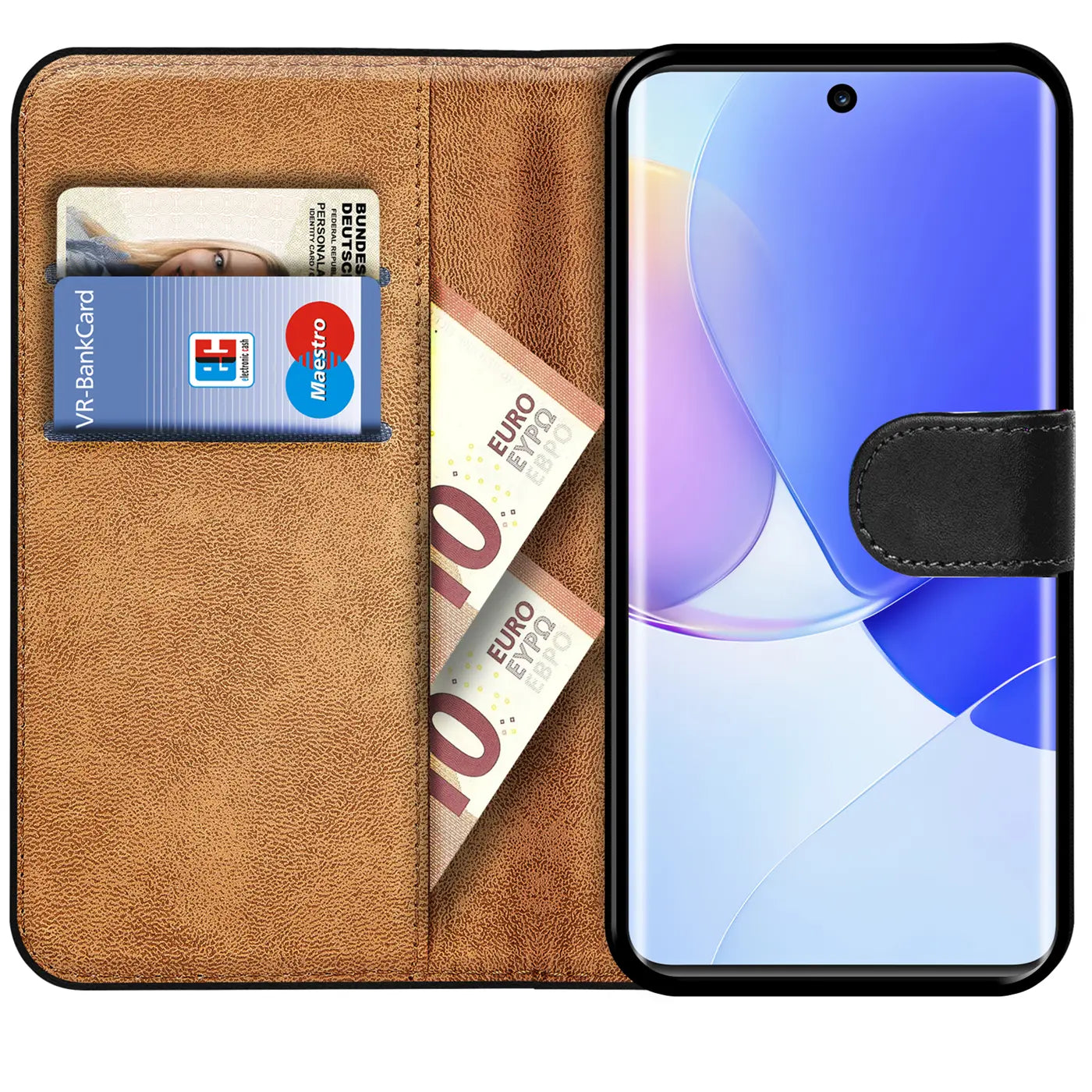 Braune Leder-Klapphülle mit Kartenfächern und Geldscheinfach, zeigt Huawei Nova 9 SE.