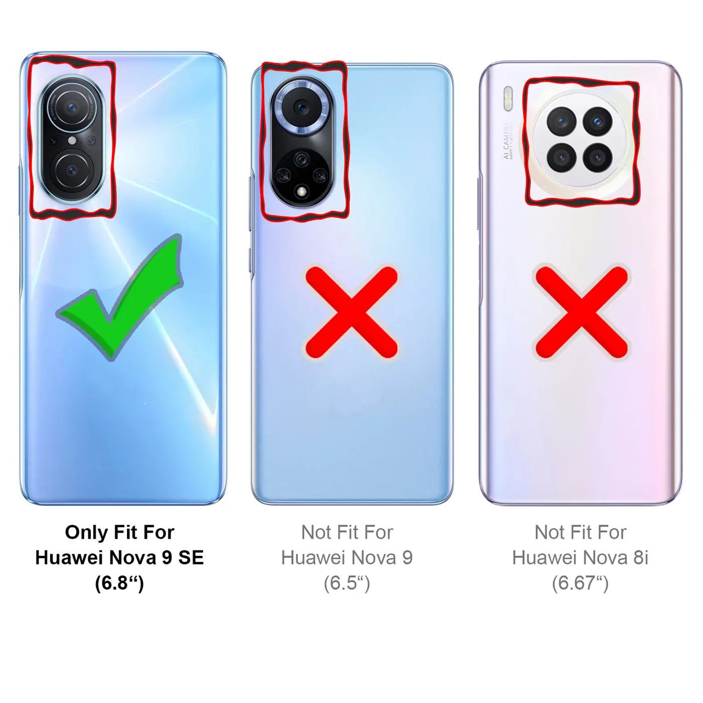 Drei Smartphone-Rückseiten, eine mit Hakenkreuz, zwei mit X. Huawei Nova 9 SE passt.