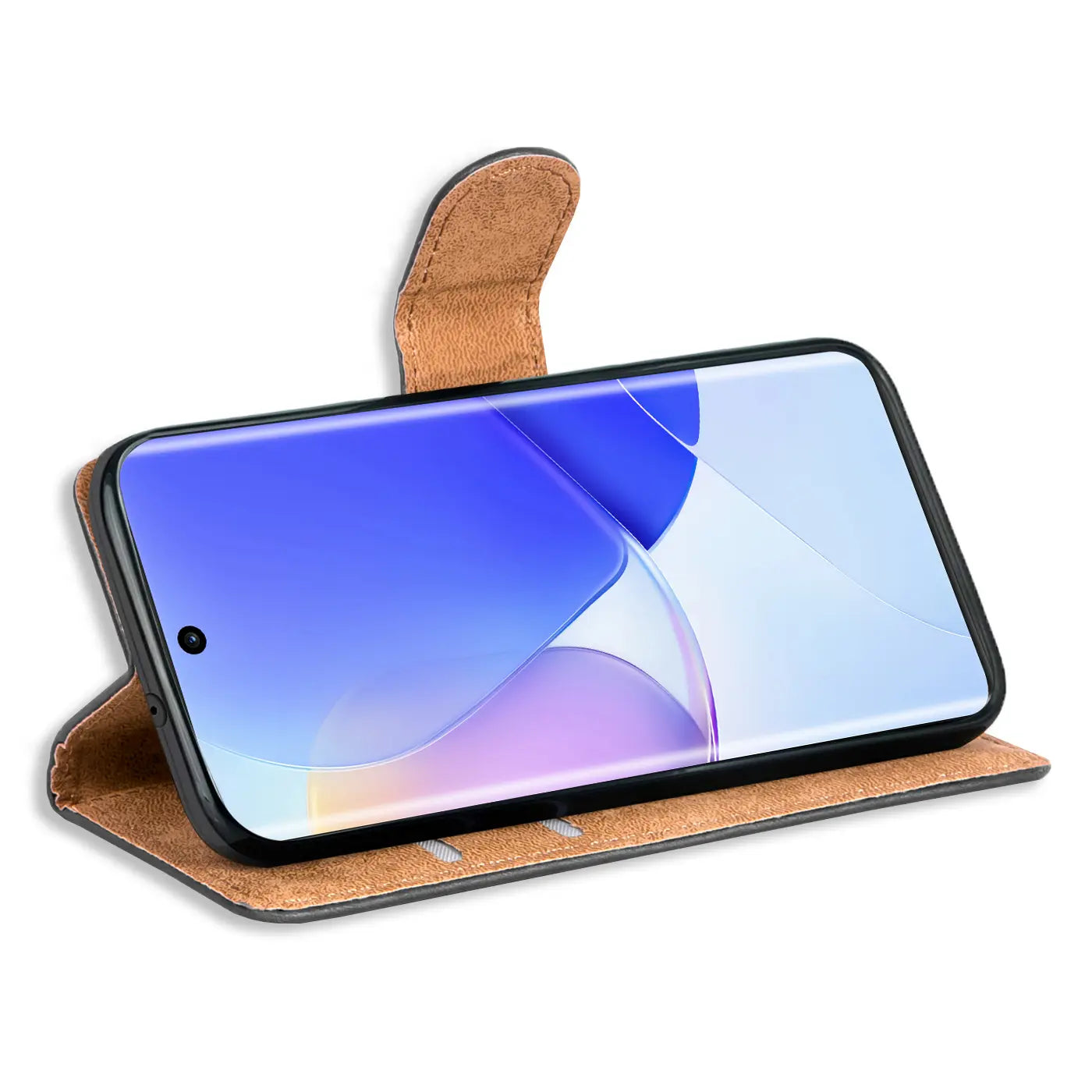 Braune Kunstleder-Klapphülle mit Kartenfächern, seitliche Ansicht, zeigt Huawei Nova 9 SE.