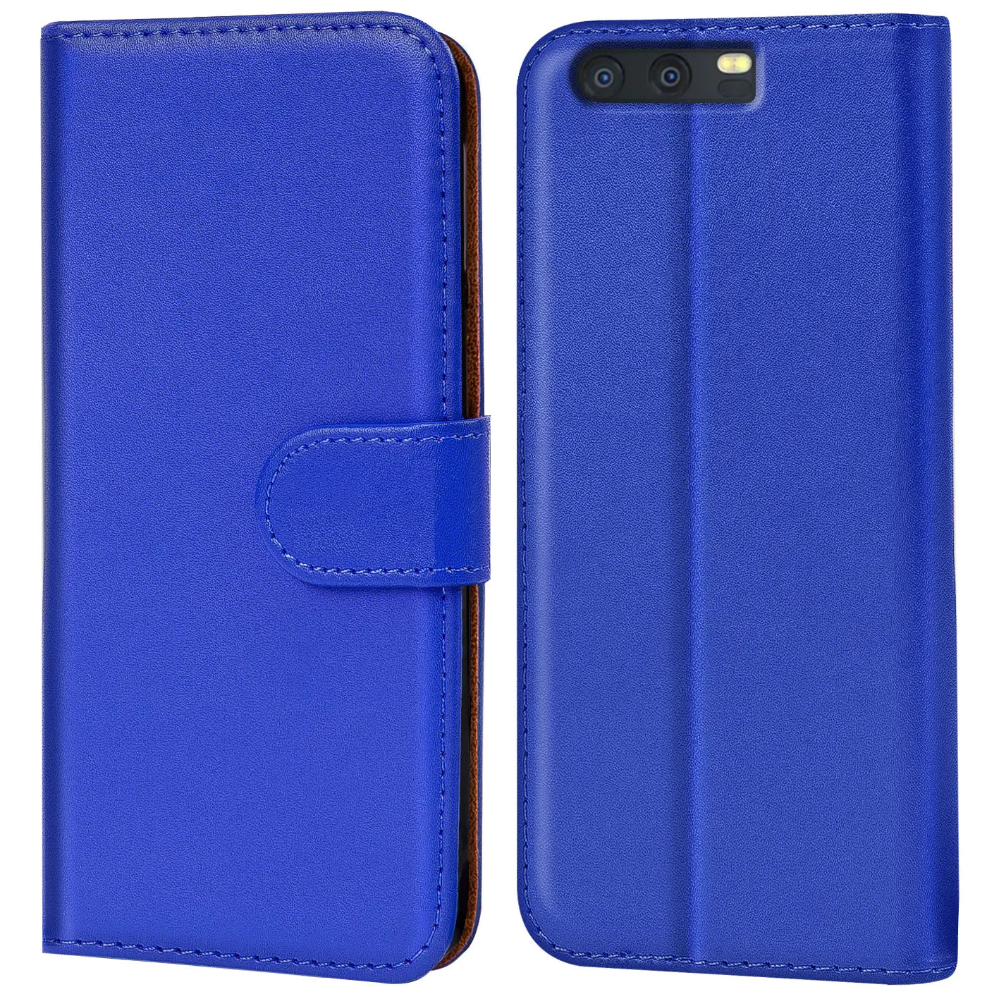 Blaue Kunstleder-Klapphülle mit Kartenfächern, Vorder- und Rückansicht, Huawei P10.