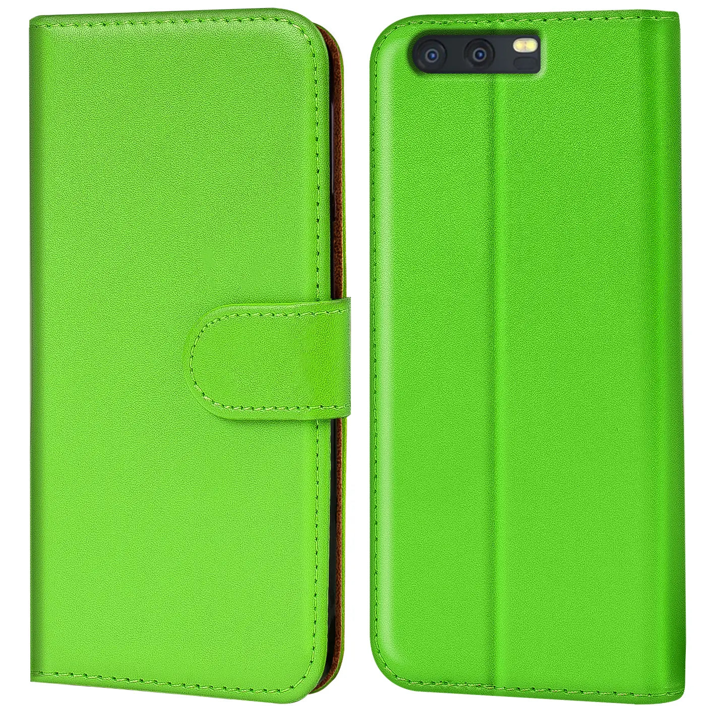 Grüne Kunstleder-Klapphülle mit Kartenfächern für Huawei P10, Vorder- und Rückansicht.