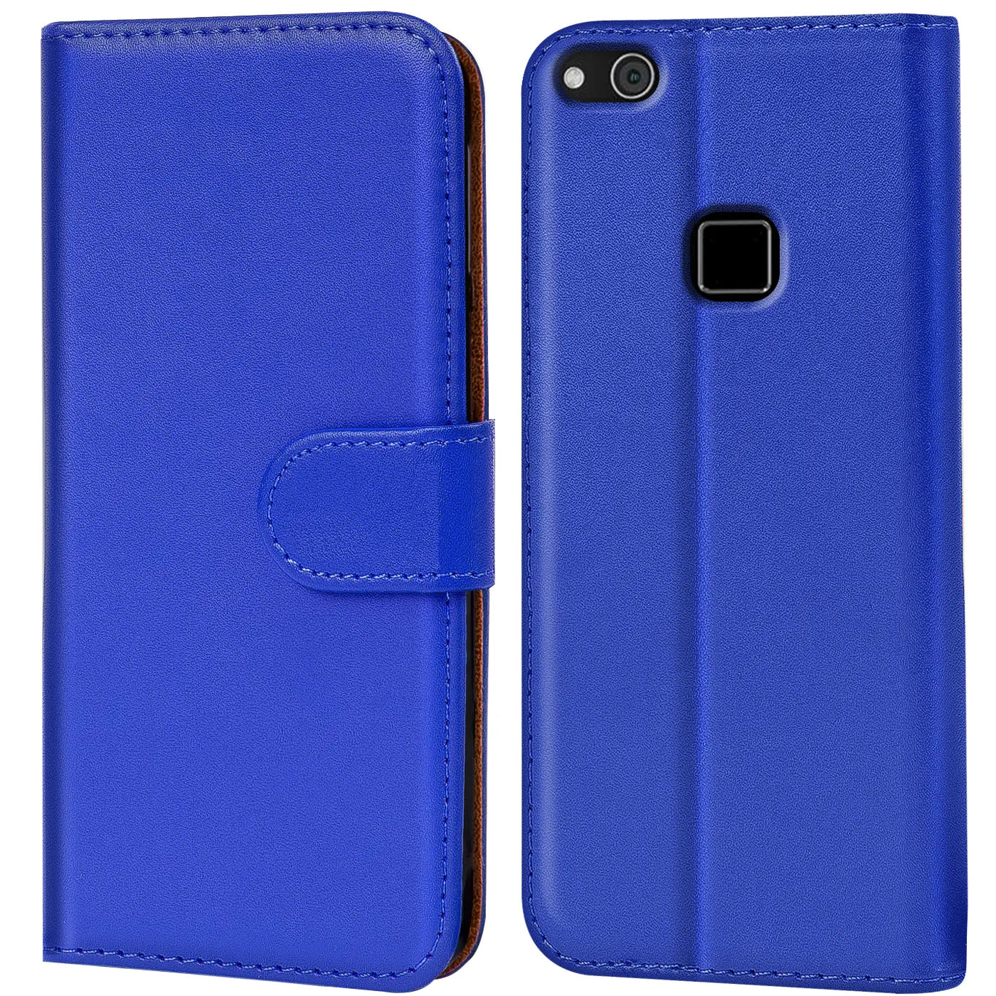 Blaue Kunstleder-Klapphülle mit Kartenfächern für Huawei P10 Lite, Vorder- und Rückansicht.