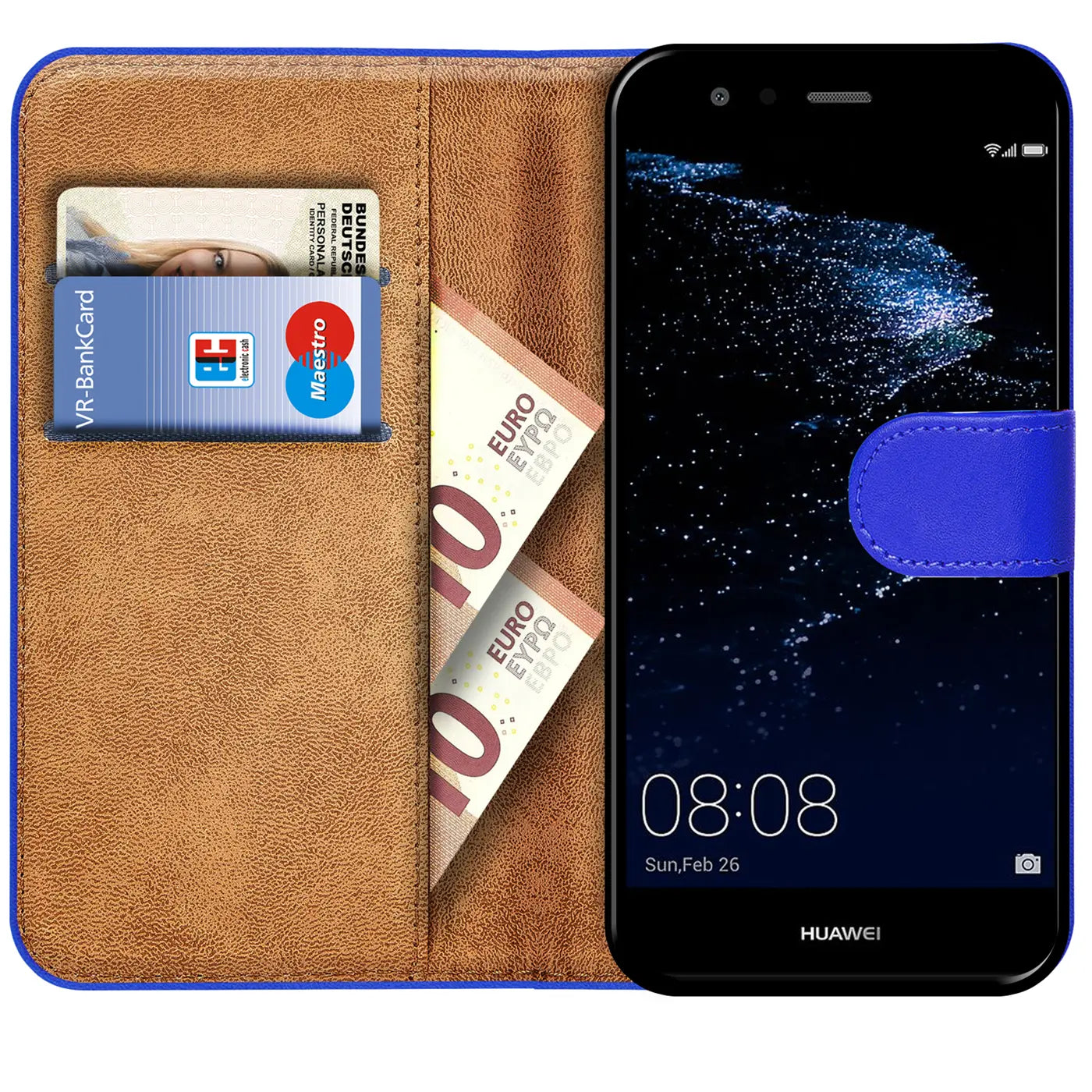 Braune Kunstleder-Klapphülle mit blauen Akzenten, zeigt Huawei P10 Lite, Karten & Geld