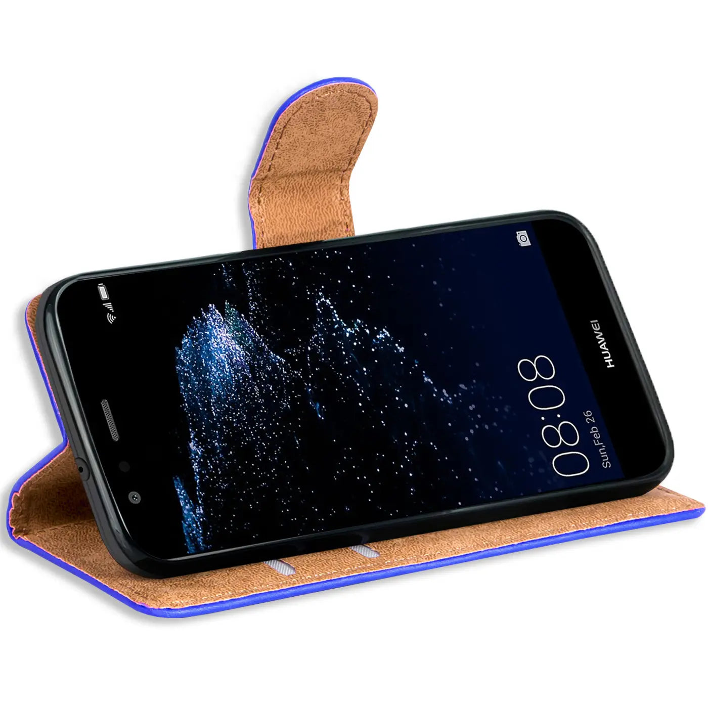Blaue Kunstleder-Klapphülle mit braunem Innenfutter, zeigt Huawei P10 Lite, von vorne.
