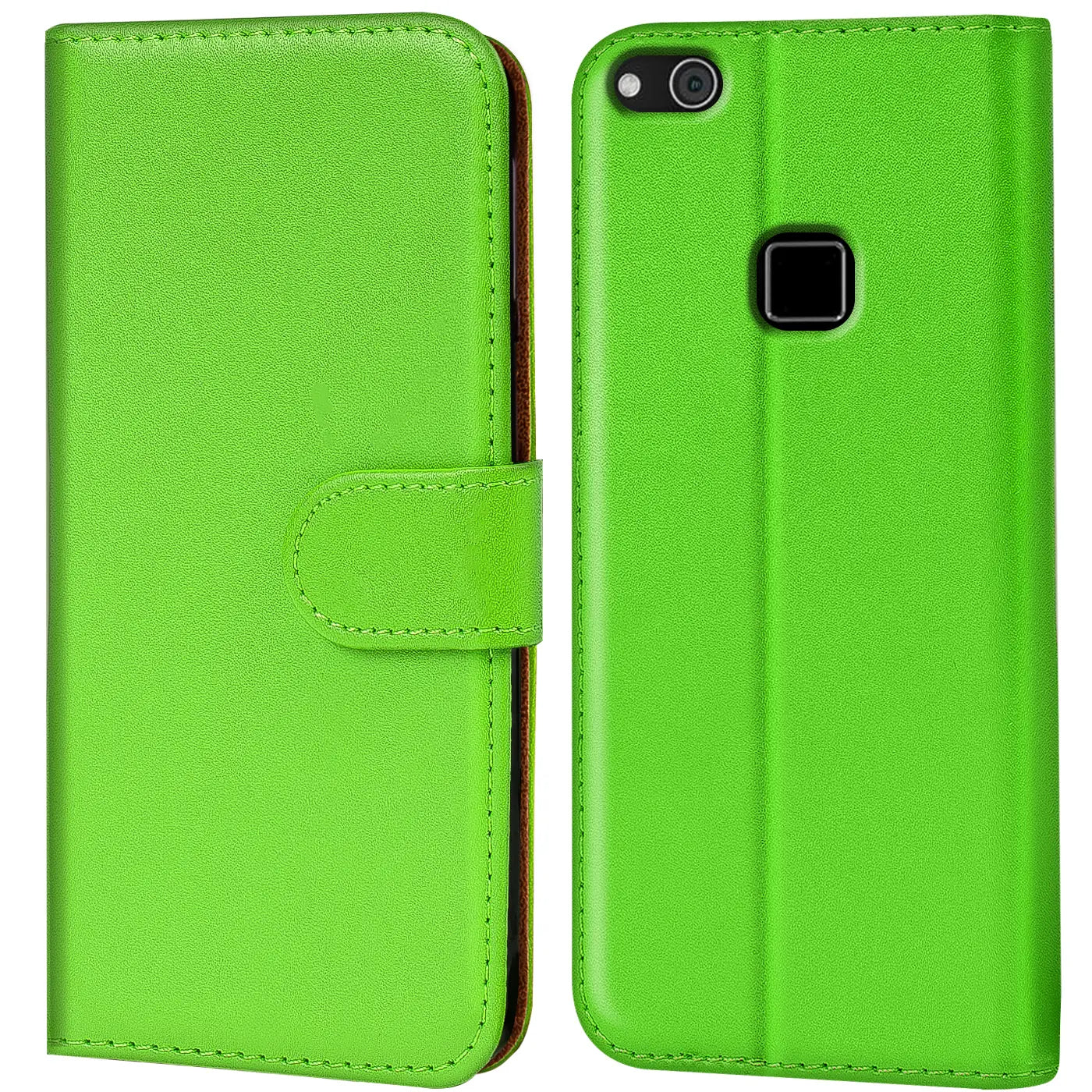 Grüne Kunstleder-Klapphülle mit Kartenfächern, Vorder- und Rückansicht, Huawei P10 Lite.
