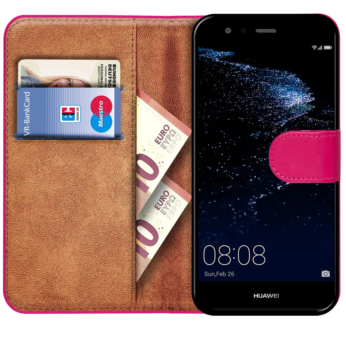 Braune Leder-Klapphülle mit Kartenfächern und pinkem Verschluss, zeigt Huawei P10 Lite.