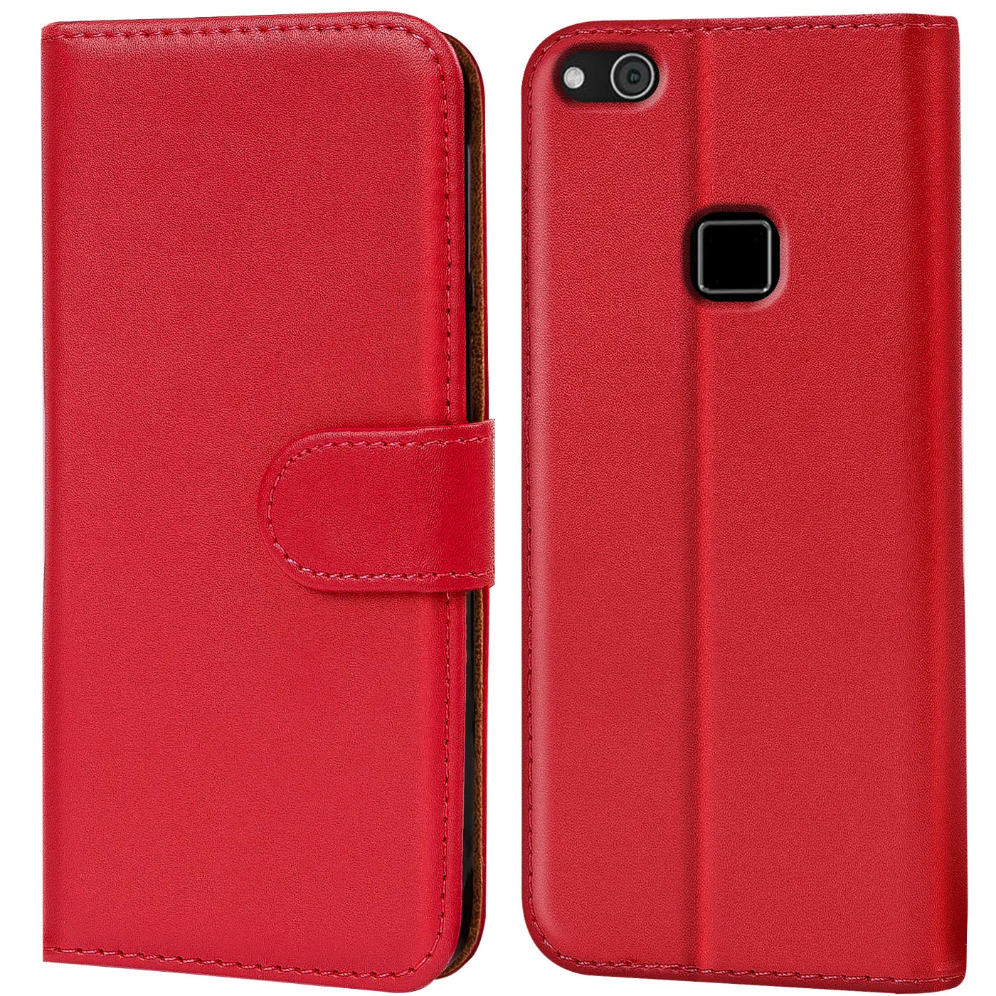 Rote Kunstleder-Klapphülle mit Kartenfächern, Vorder- und Rückansicht, für Huawei P10 Lite.