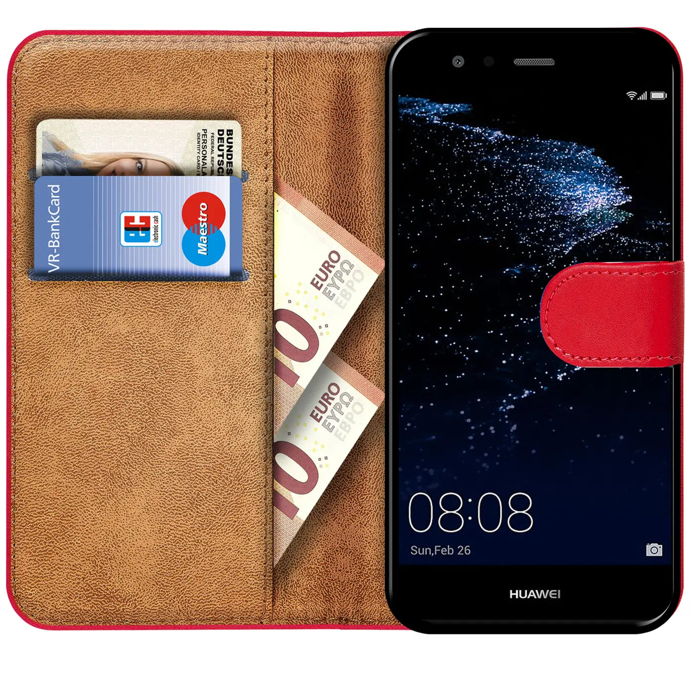 Rote Kunstleder-Klapphülle mit Kartenfächern und Geldscheinen, zeigt Huawei P10 Lite.
