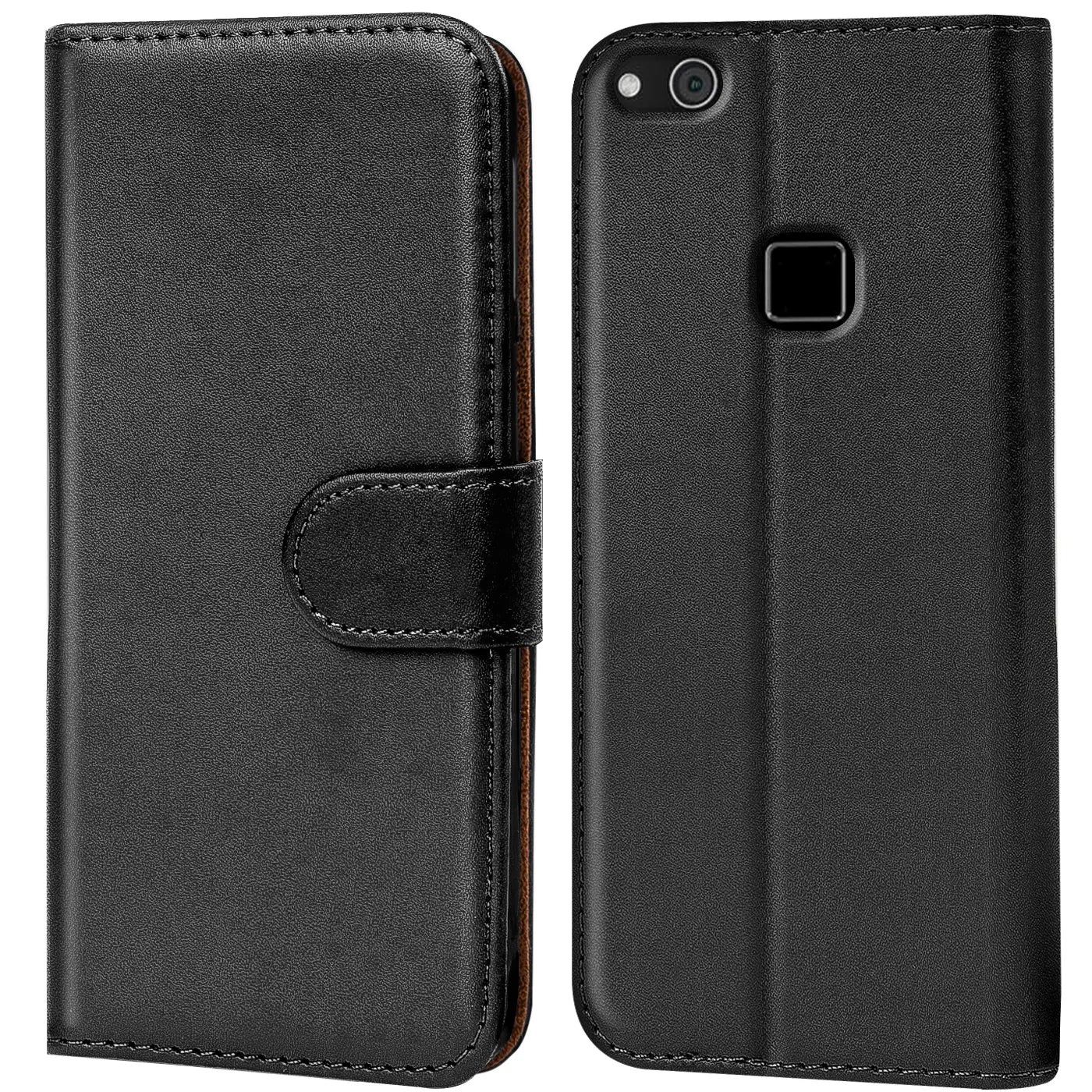 Schwarze Leder-Klapphülle mit Kartenfächern, Vorder- und Rückansicht, für Huawei P10 Lite.