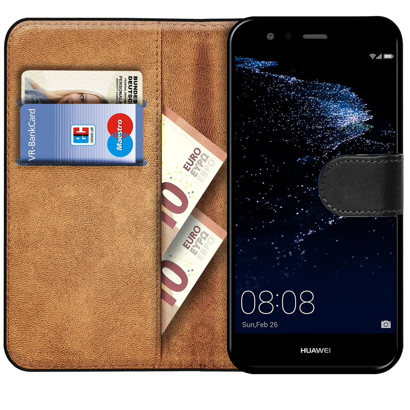 Braune Kunstleder-Klapphülle mit Kartenfächern und Geldscheinen, zeigt Huawei P10 Lite, von vorne