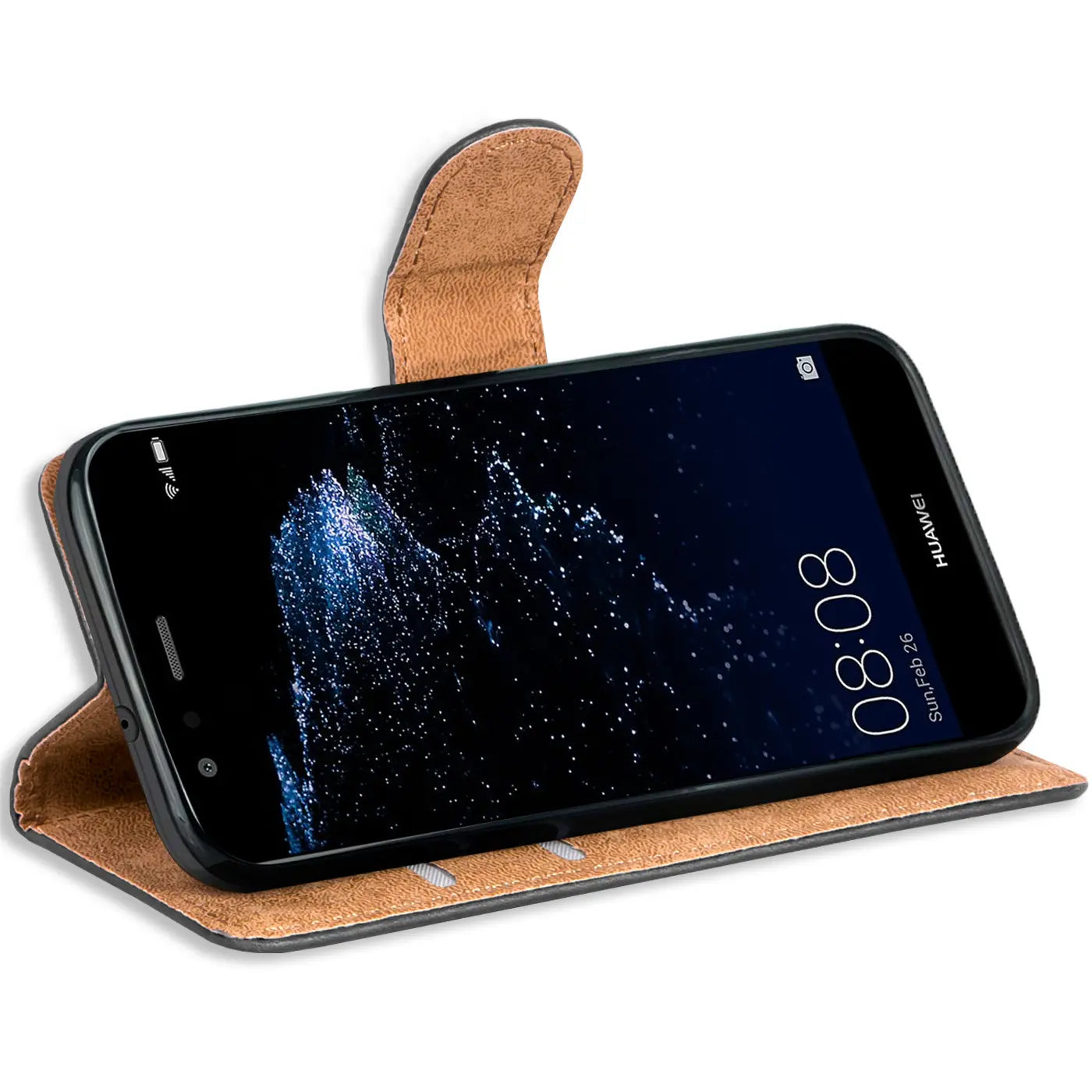Braune Leder-Klapphülle mit offenem Huawei P10 Lite, Seitenansicht.
