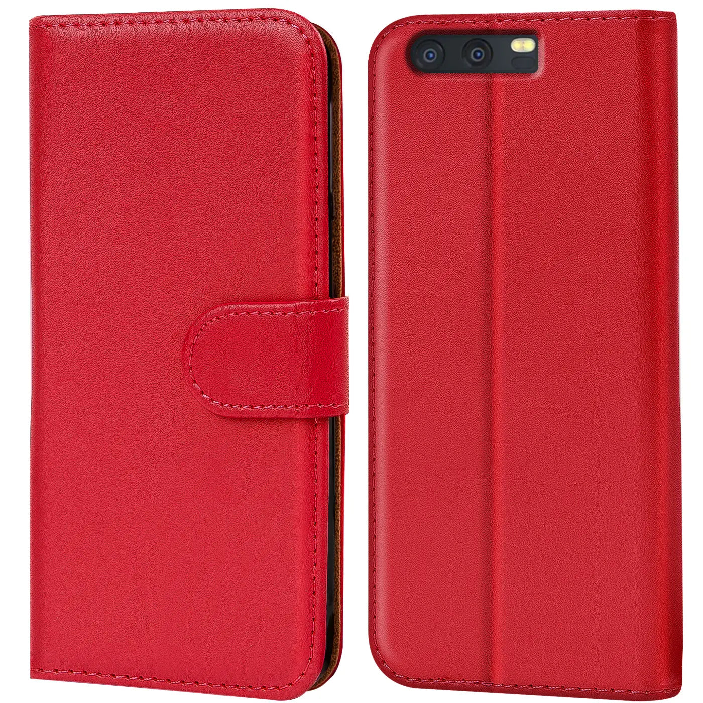 Rote Leder-Klapphülle mit Kartenfächern, Vorder- und Rückansicht, Huawei P10