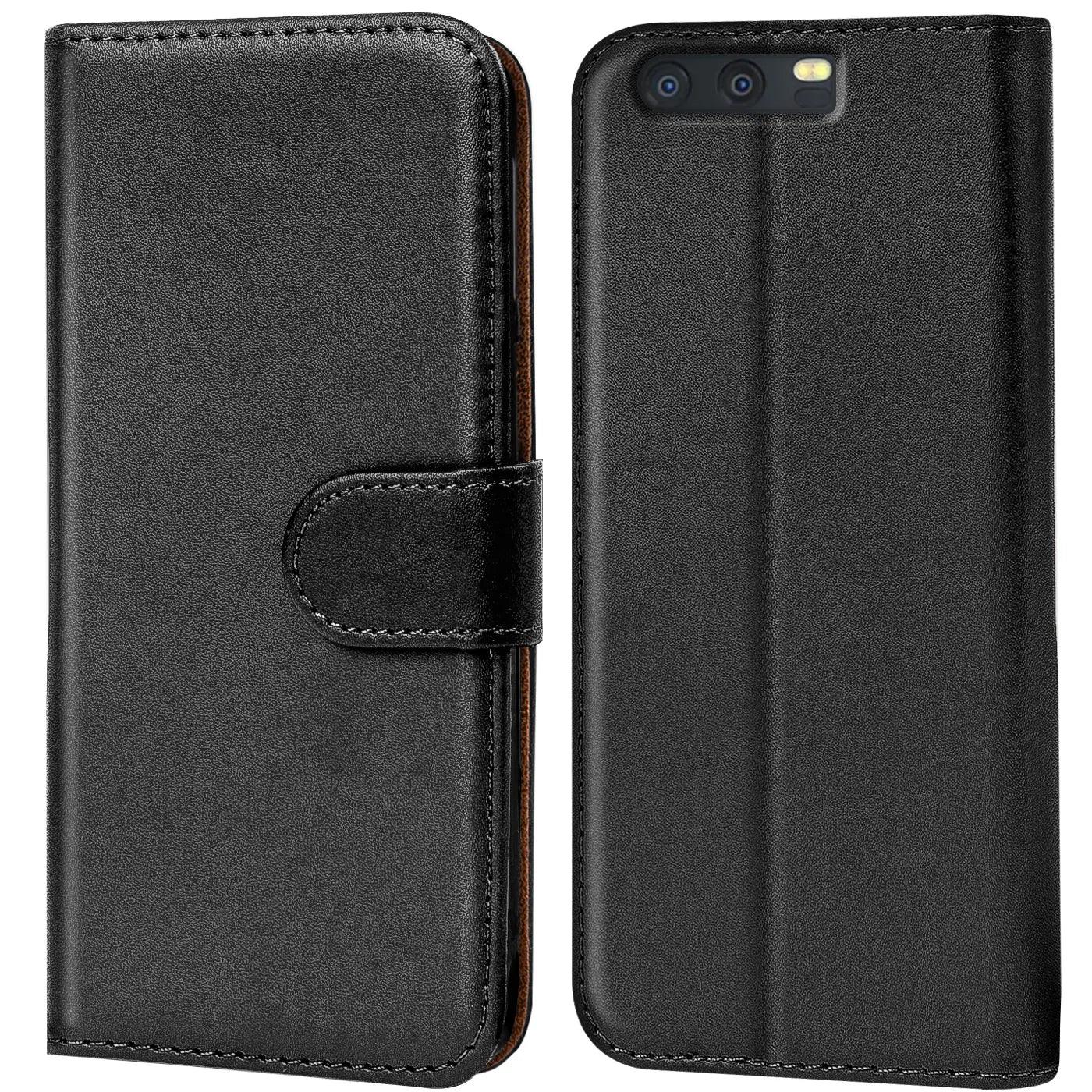 Schwarze Leder-Klapphülle mit Kartenfächern für Huawei P10, Vorder- und Rückansicht.
