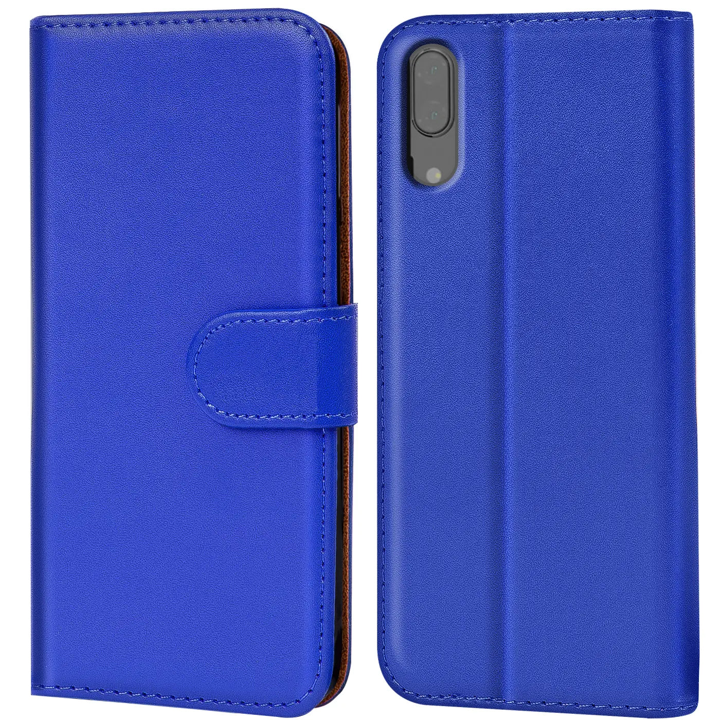 Blaue Kunstleder-Klapphülle für Huawei P20, Vorder- und Rückansicht.