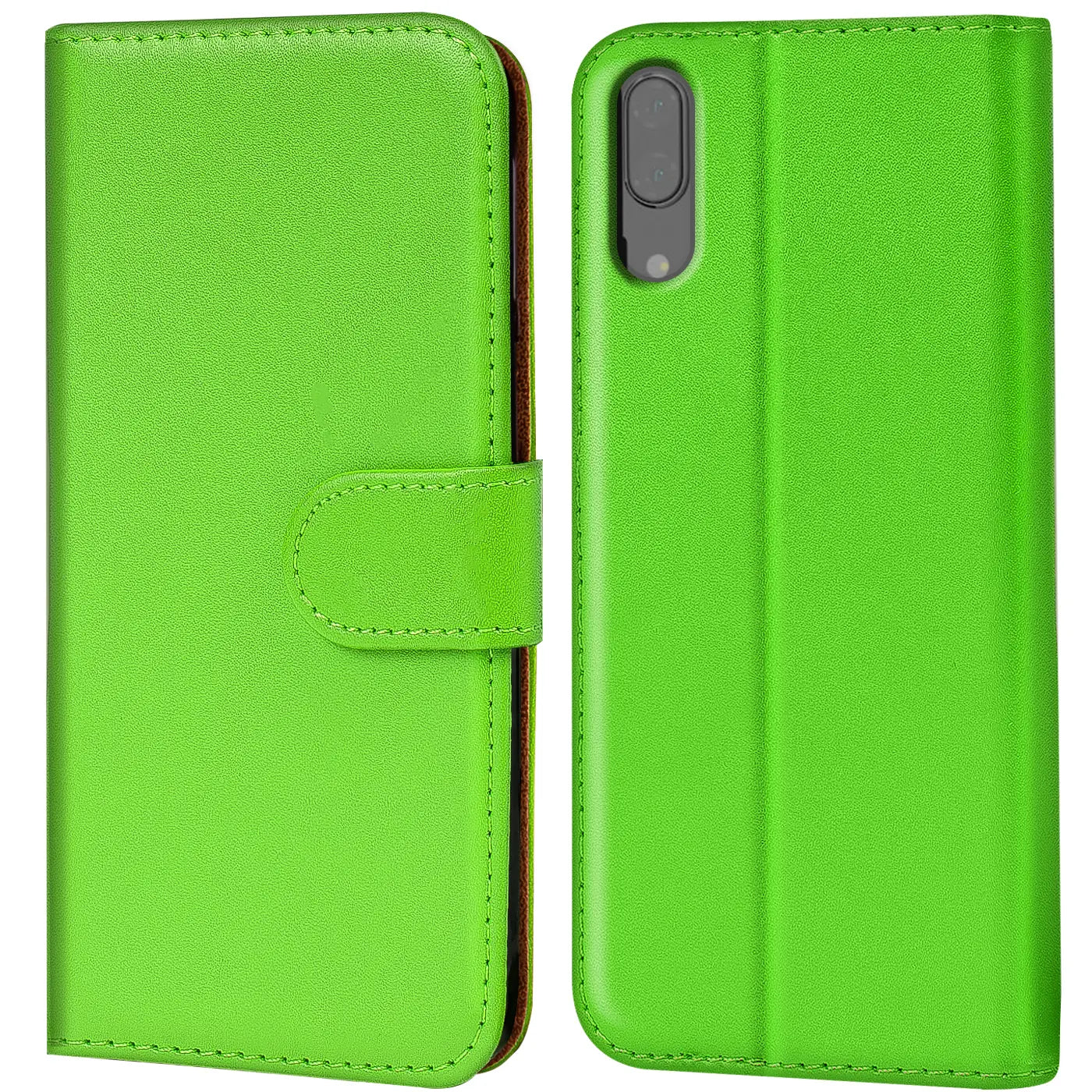 Grüne Kunstleder-Klapphülle mit Kartenfächern, Vorder- und Rückansicht, für Huawei P20.