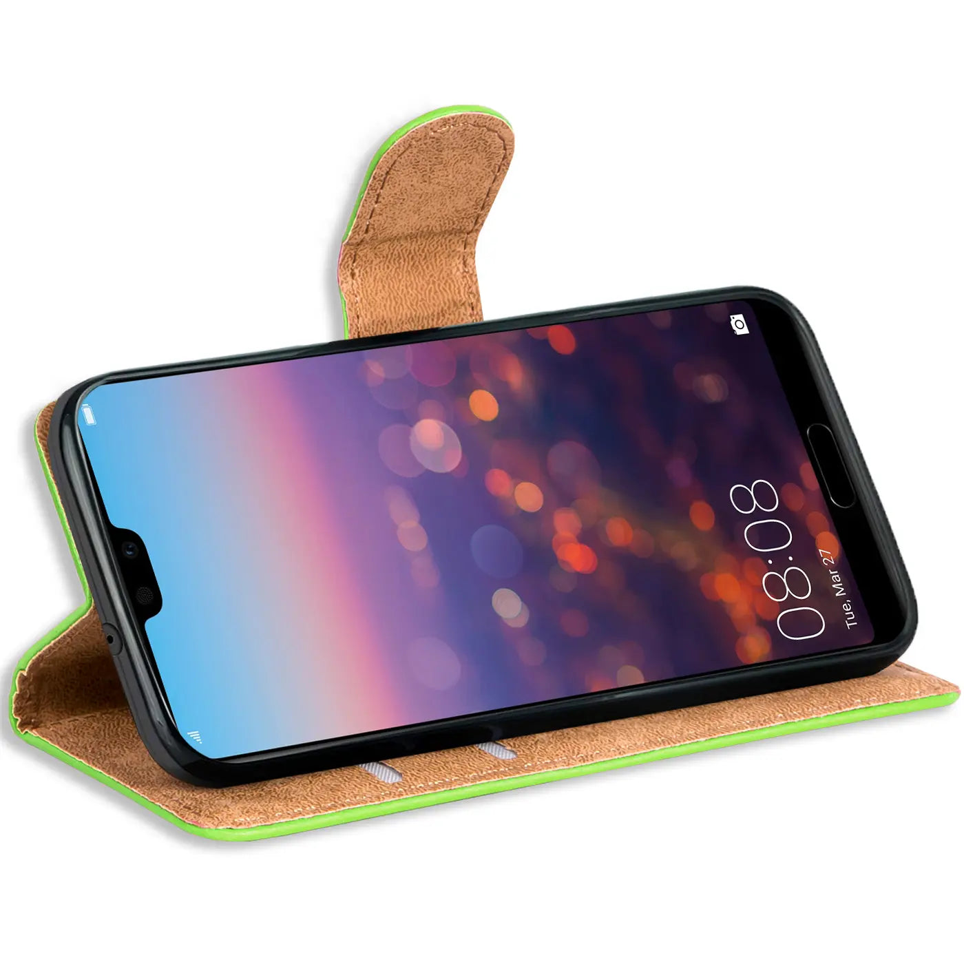 Grüne Kunstleder-Klapphülle mit braunem Innenfutter, schräg von vorne, zeigt Huawei P20.