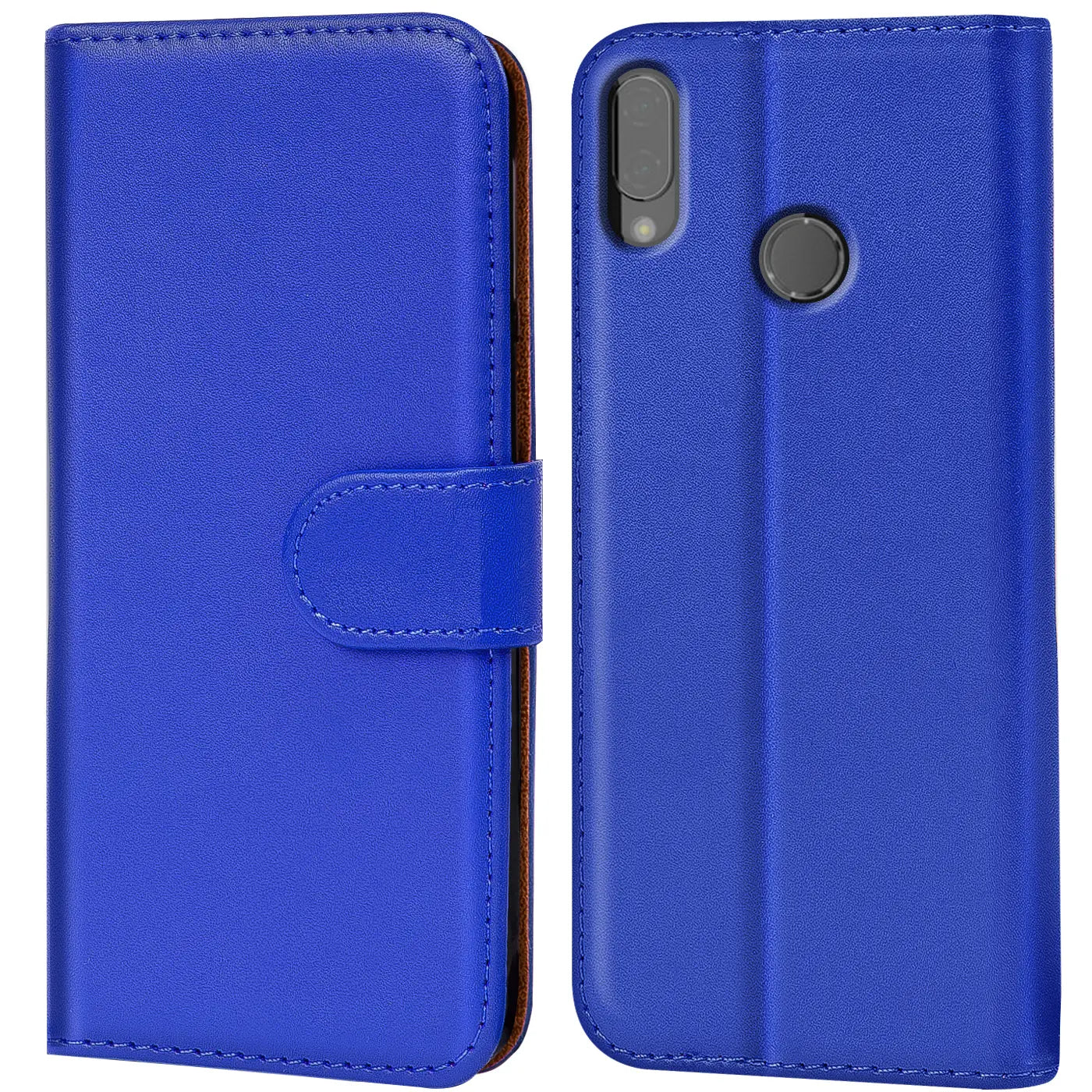 Blaue Kunstleder-Klapphülle mit Kartenfächern, Vorder- und Rückansicht, für Huawei P20 Lite.