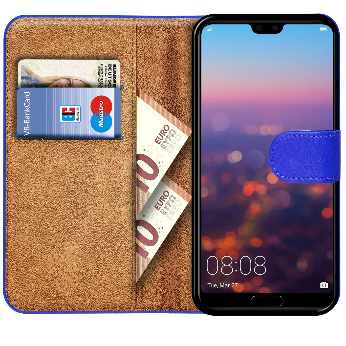 Braune Kunstleder-Klapphülle mit Kartenfächern, zeigt Huawei P20 Lite, von vorne