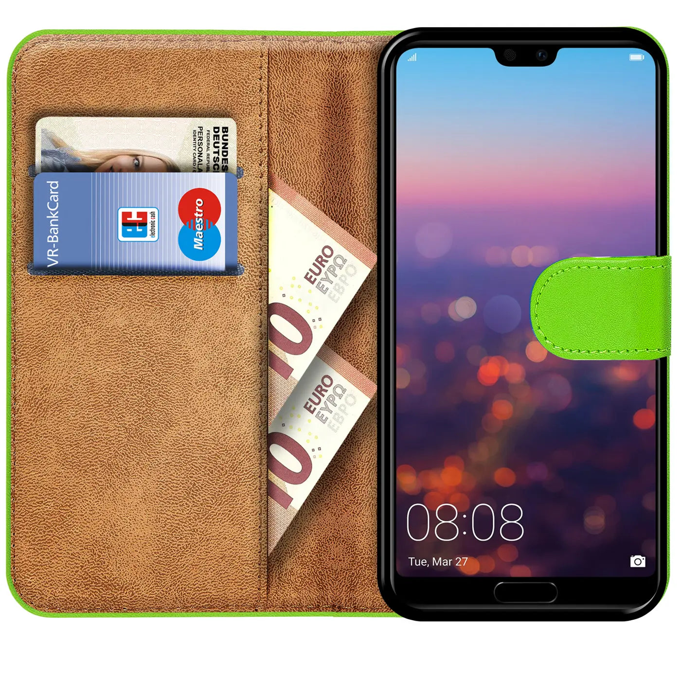 Grüne Kunstleder-Klapphülle mit Kartenfächern und Geldscheinfach, zeigt Huawei P20 Lite.