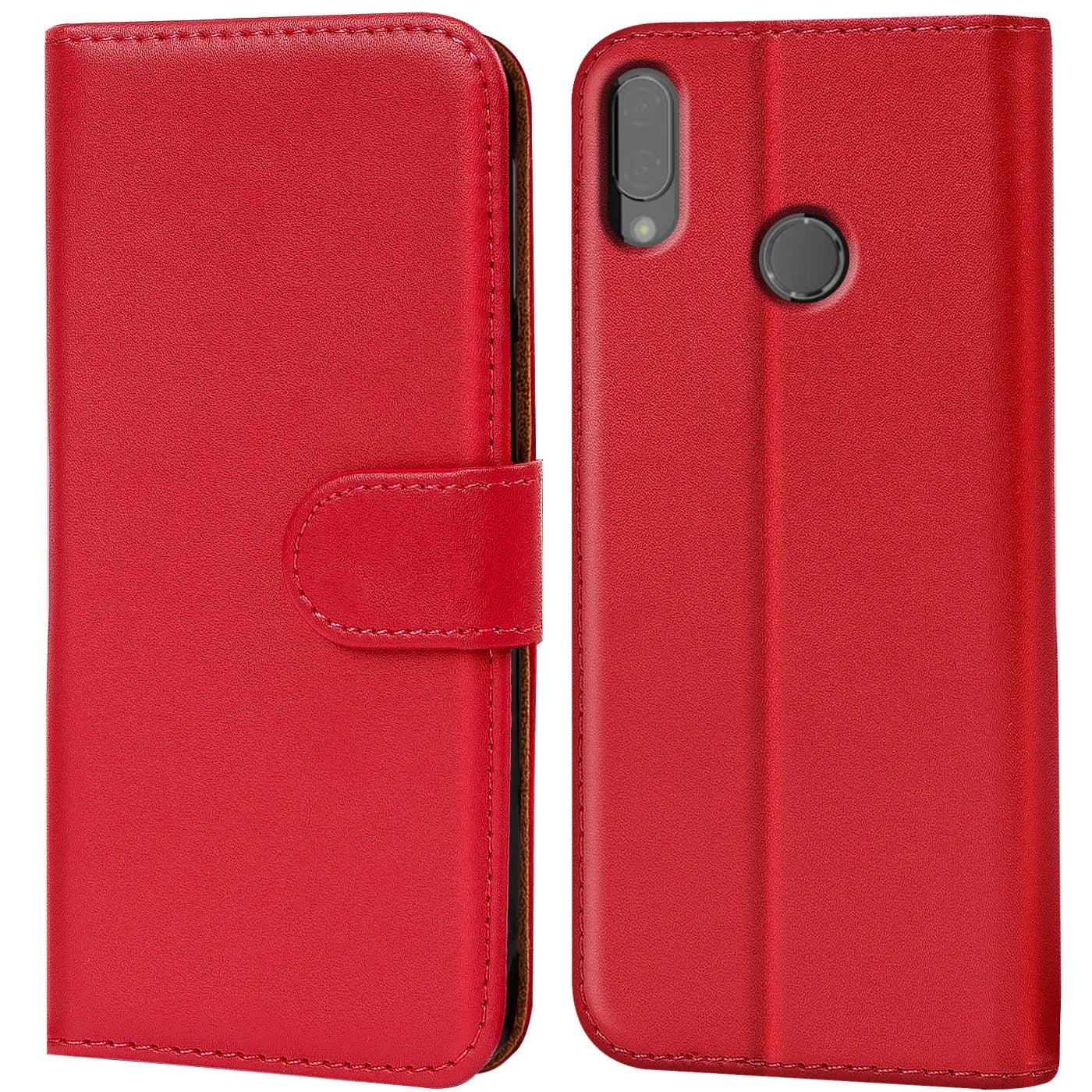 Rote Kunstleder-Klapphülle mit Kartenfächern, Vorder- und Rückansicht, für Huawei P20 Lite.