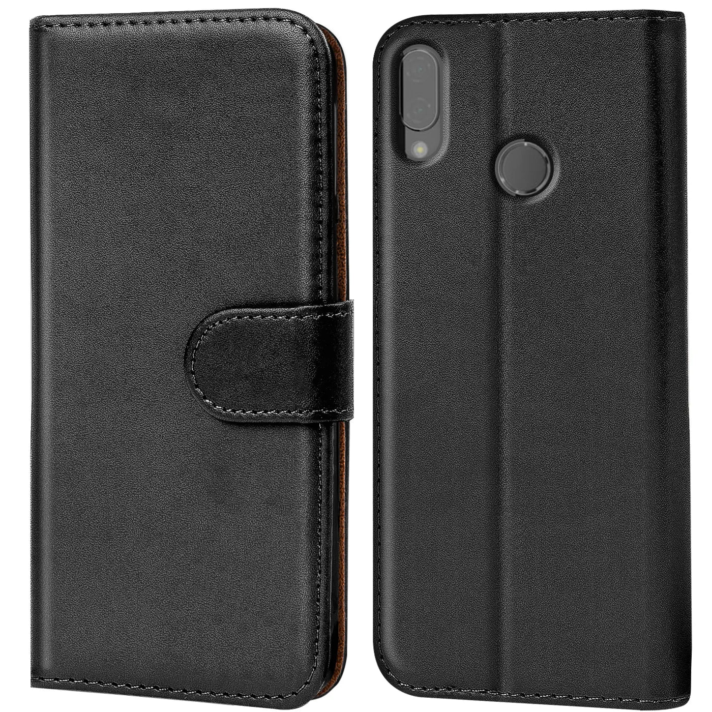 Schwarze Leder-Klapphülle, Vorder- und Rückseite sichtbar, für Huawei P20 Lite.