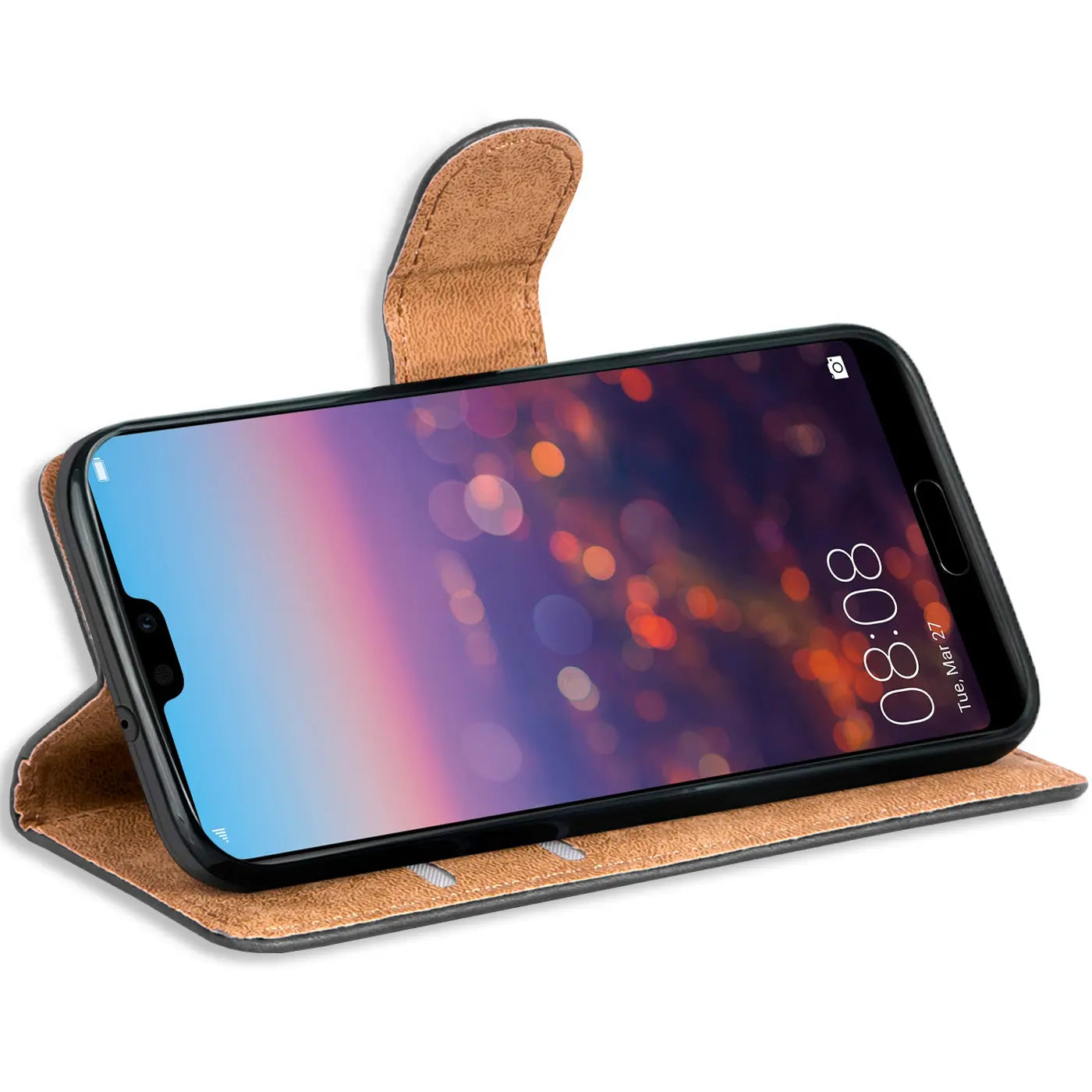 Braune Kunstleder-Klapphülle mit Kartenfächern, Huawei P20 Lite, Seitenansicht