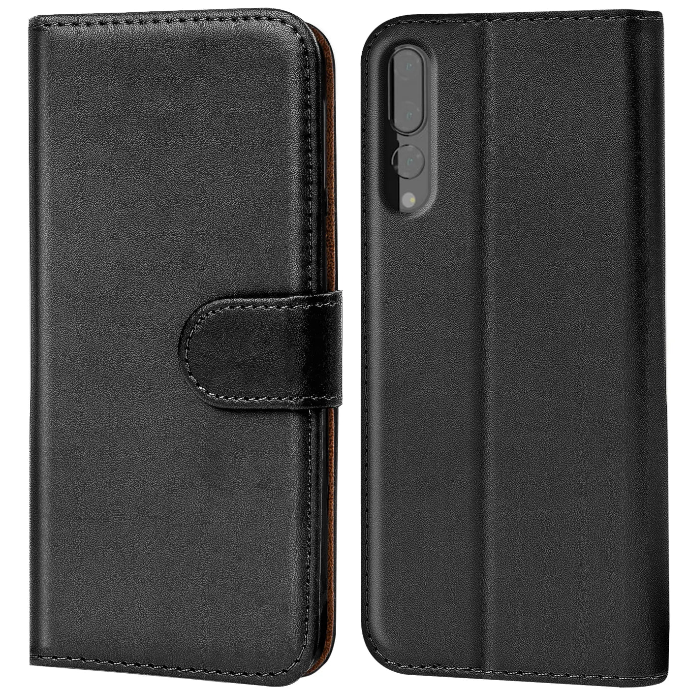 Schwarze Leder-Klapphülle mit Kartenfächern, Vorder- und Rückansicht, für Huawei P20 Pro.