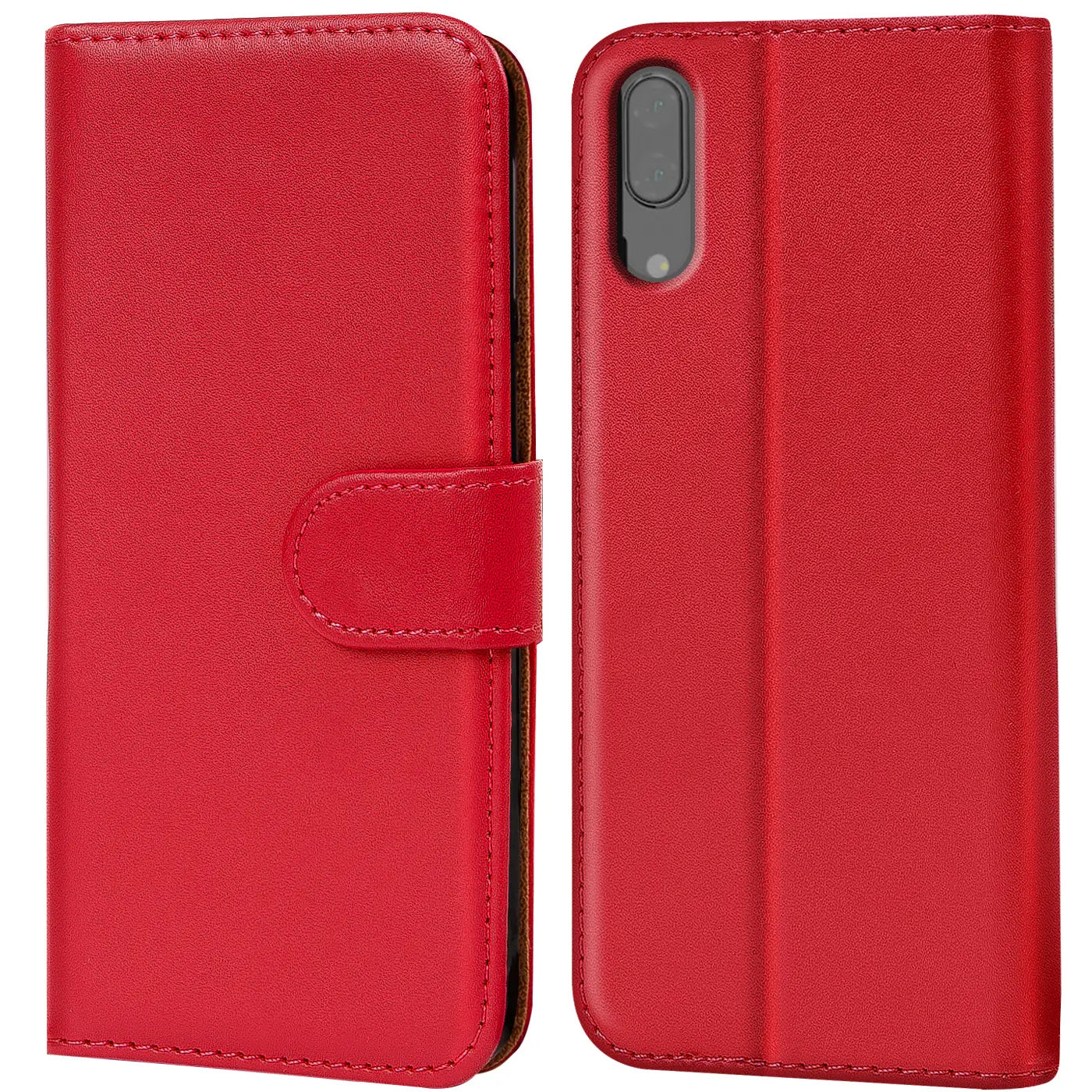 Rote Kunstleder-Klapphülle mit Kartenfächern, Vorder- und Rückansicht, für Huawei P20.