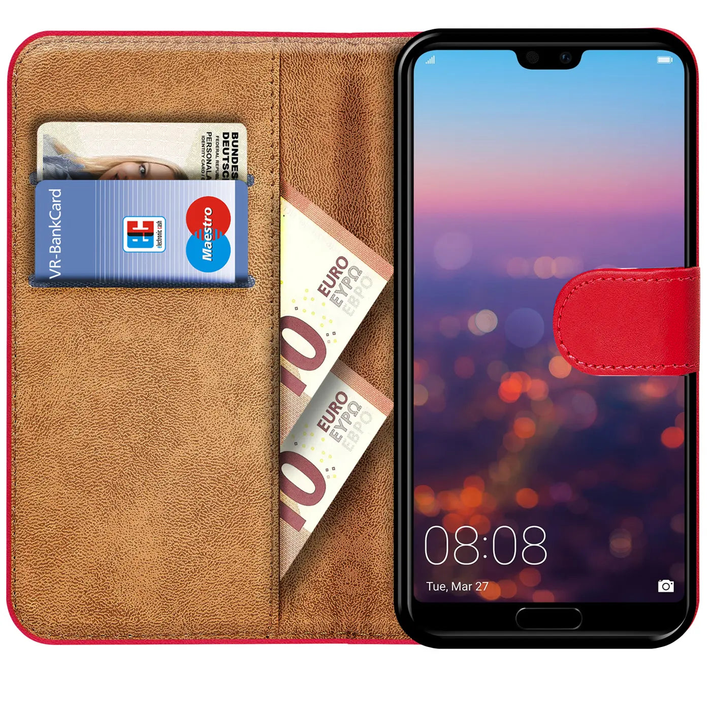 Rote Kunstleder-Klapphülle mit Kartenfächern, zeigt Huawei P20, von vorne