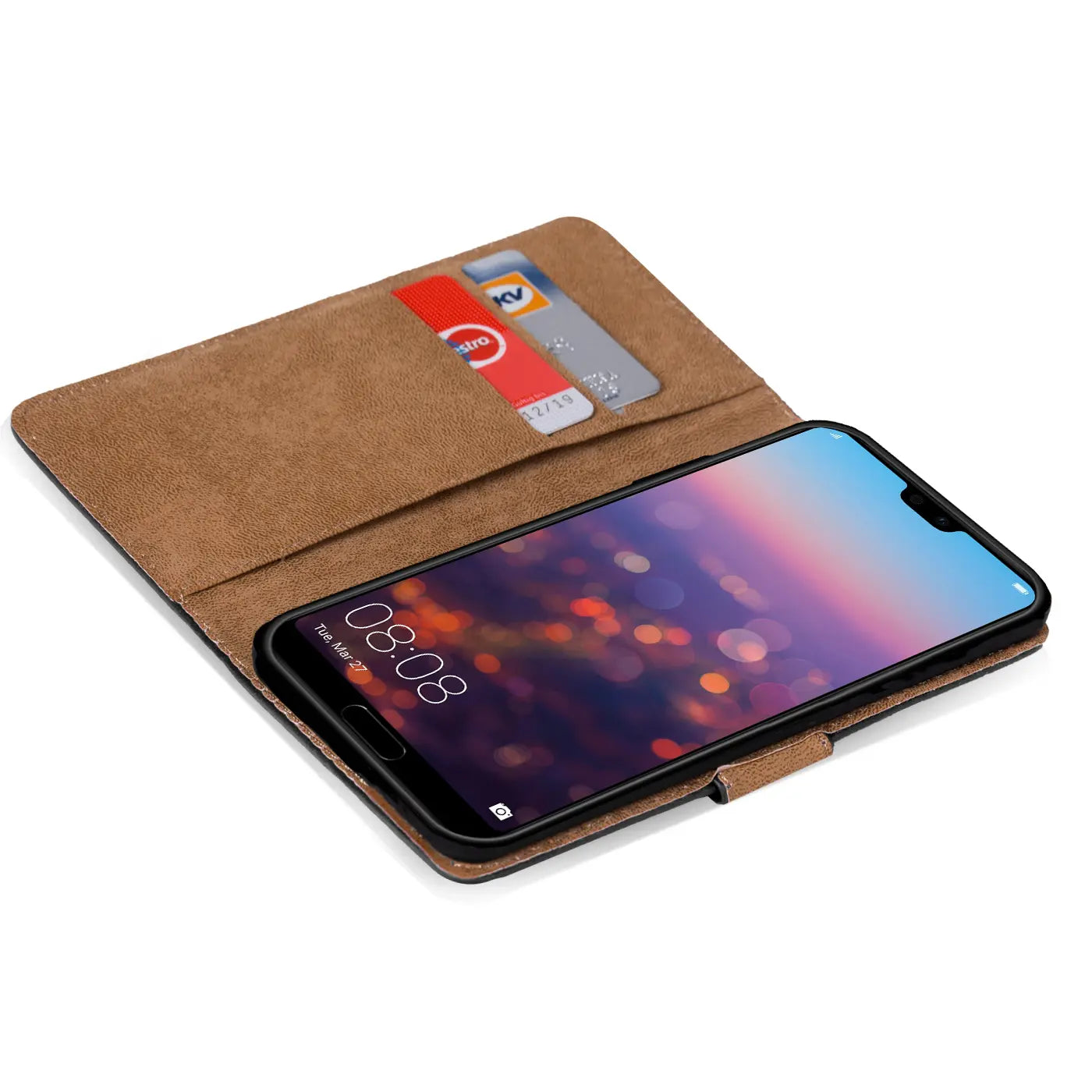 Braune Kunstleder-Klapphülle mit Kartenfächern für Huawei P20, von oben schräg fotografiert.