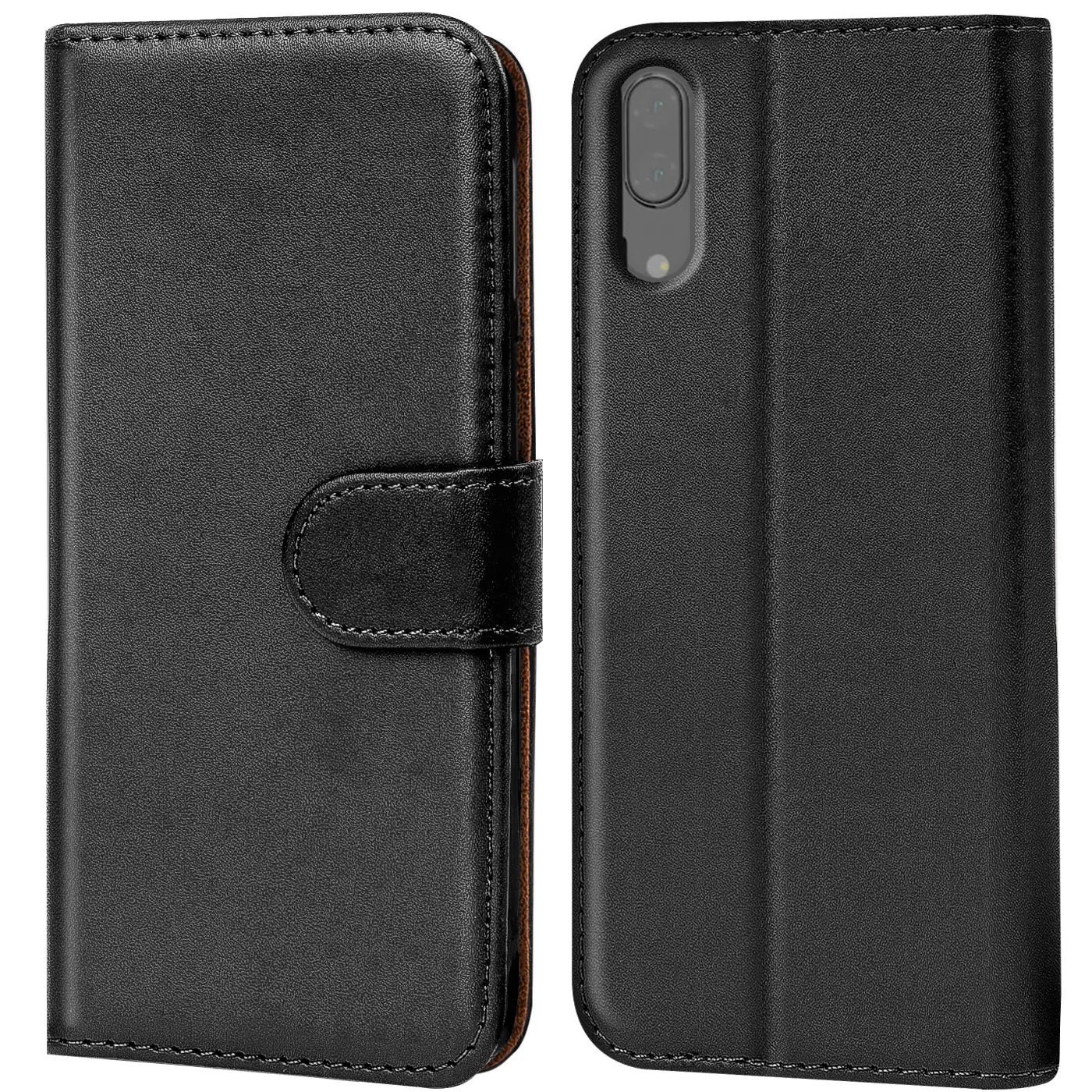 Schwarze Leder-Klapphülle mit Kartenfächern, Vorder- und Rückansicht, für Huawei P20.