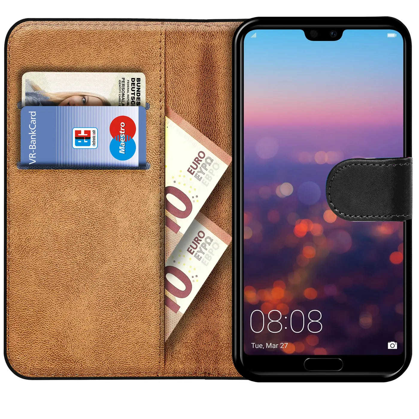 Braun Kunstleder Klapphülle mit Kartenfächern, Huawei P20, von vorne