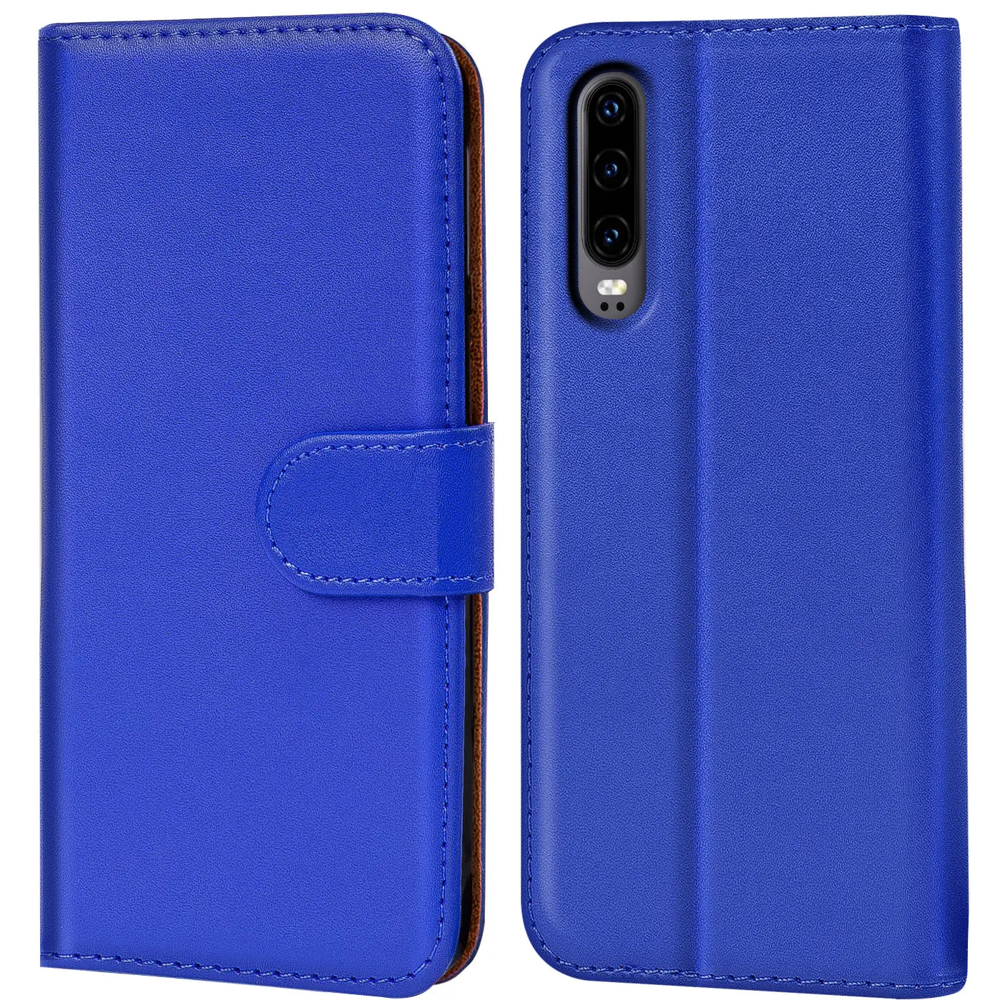 Blaue Kunstleder-Klapphülle mit Kartenfächern, Vorder- und Rückansicht, Huawei P30.