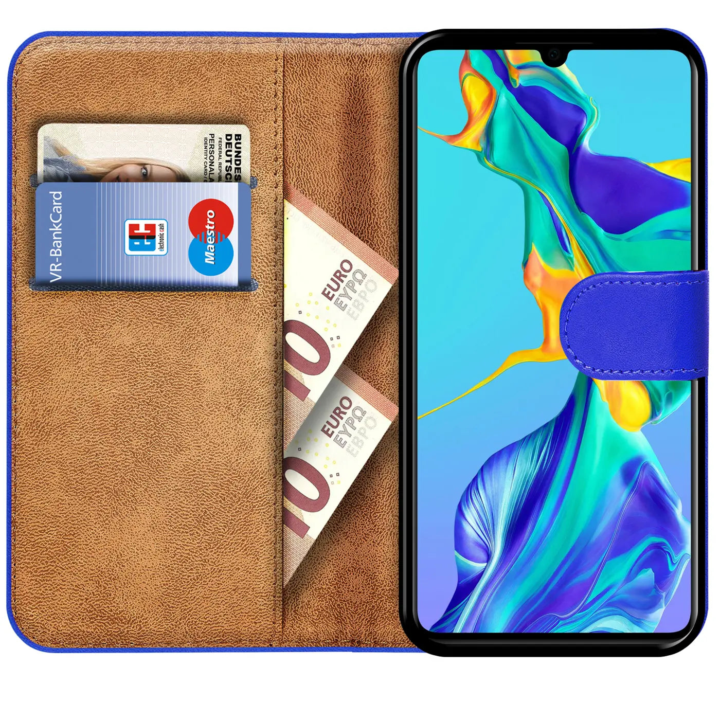 Blaue Kunstleder-Klapphülle mit Kartenfächern, zeigt Huawei P30, von vorne