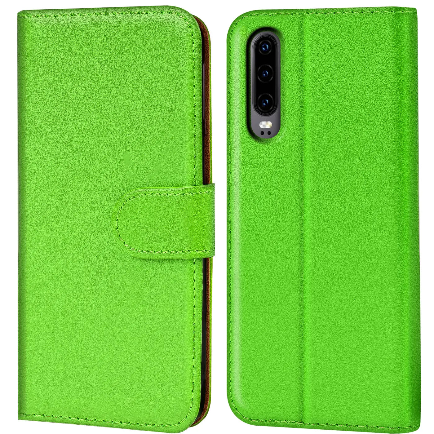 Grüne Kunstleder-Klapphülle mit Kartenfächern, Vorder- und Rückansicht, Huawei P30.