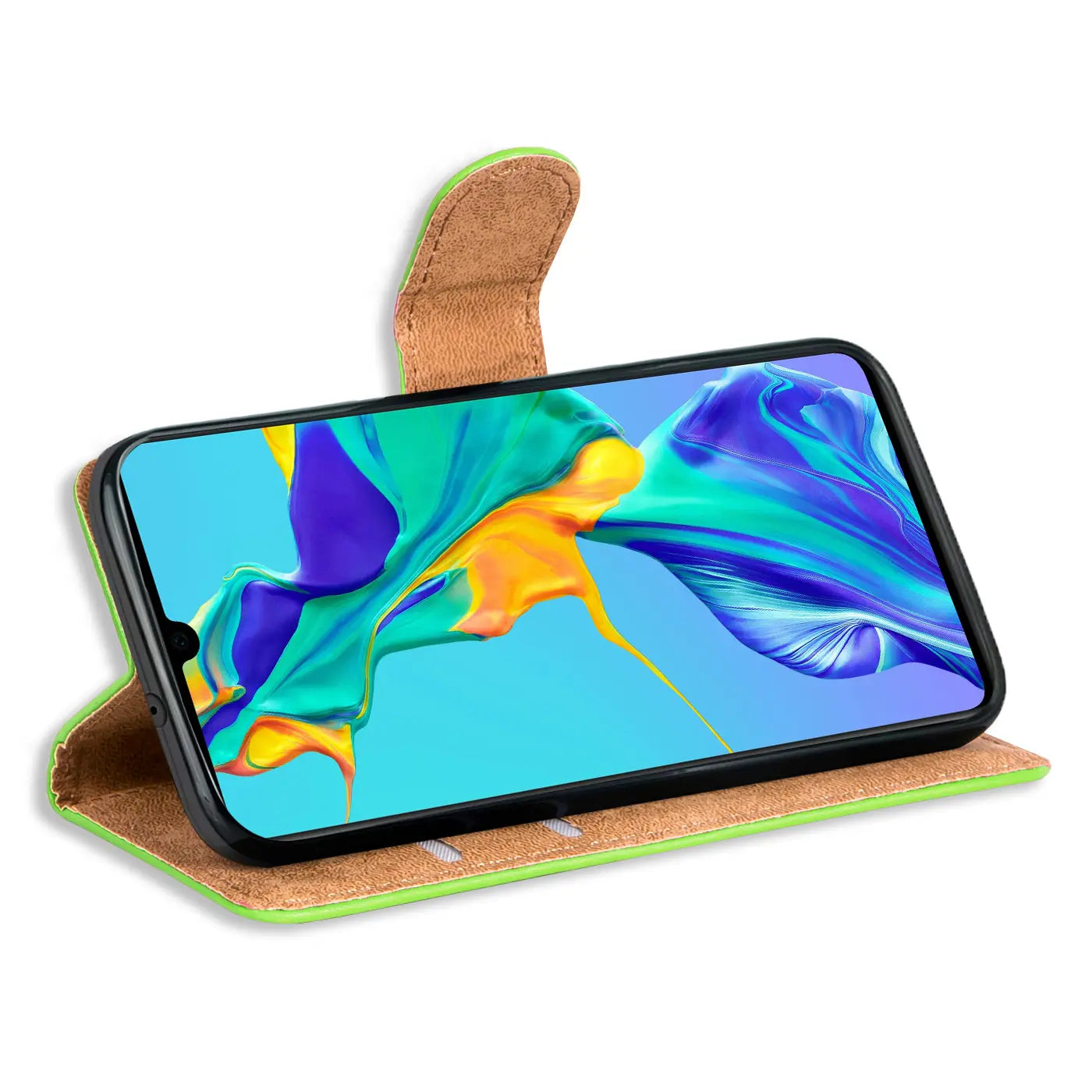 Grüne Klapphülle aus Kunstleder mit Kartenfächern für Huawei P30, von vorne schräg fotografiert.