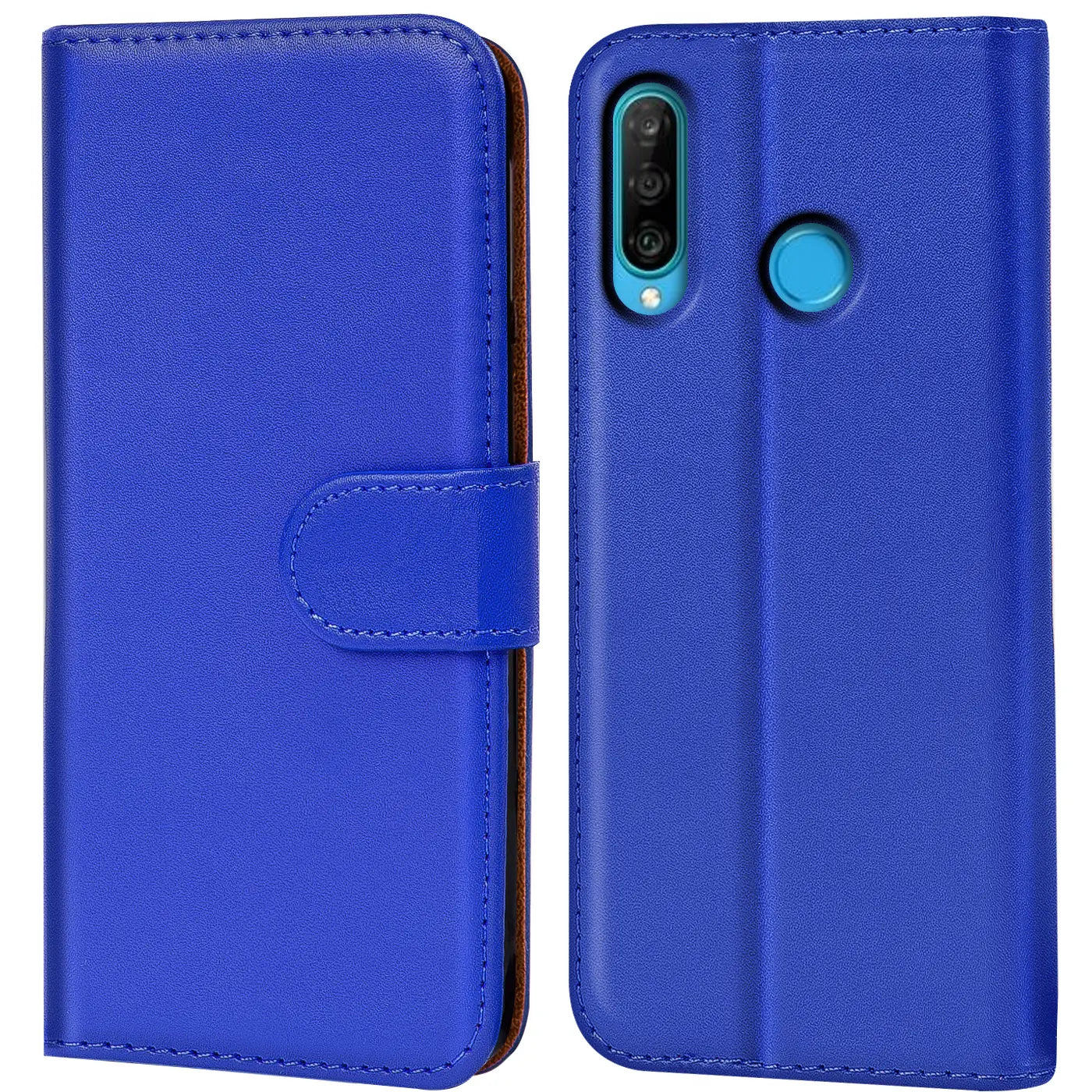 Blaue Kunstleder-Klapphülle mit Kartenfächern, Vorder- und Rückansicht, für Huawei P30 Lite.