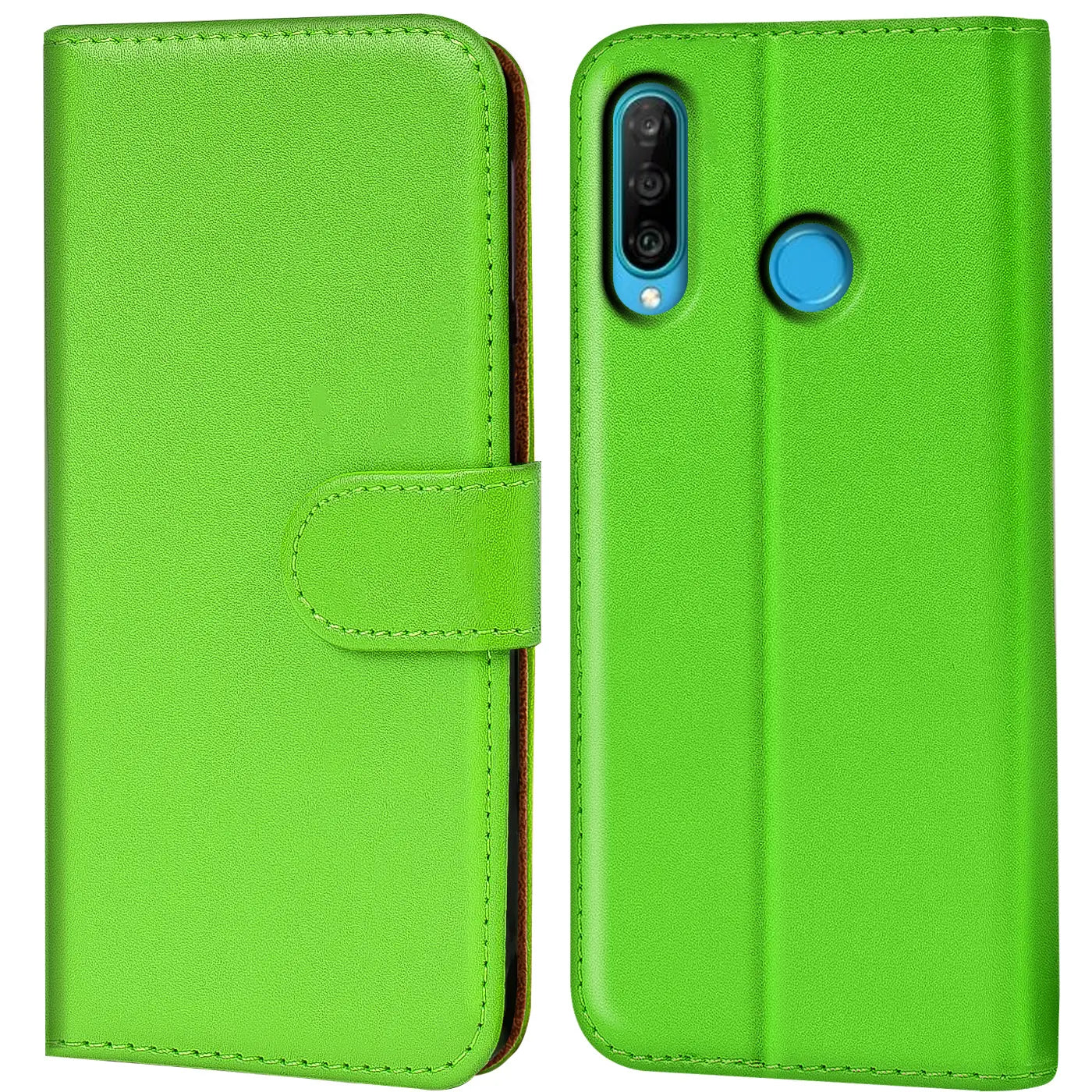Grüne Kunstleder-Klapphülle mit Kartenfächern, Vorder- und Rückansicht, Huawei P30 Lite.