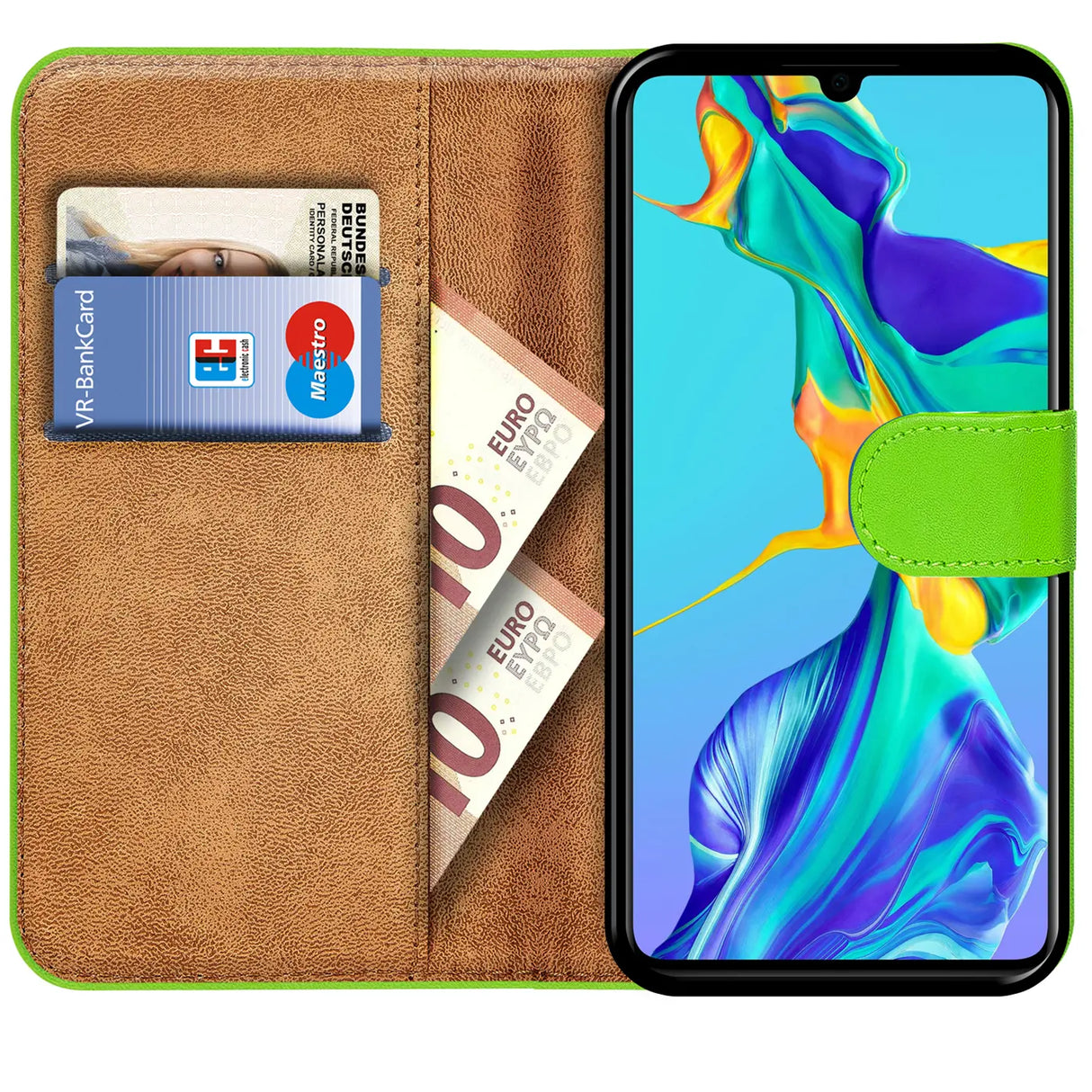 Huawei P30 Lite Klapphülle in Grün mit Kartenfächern und Schutz