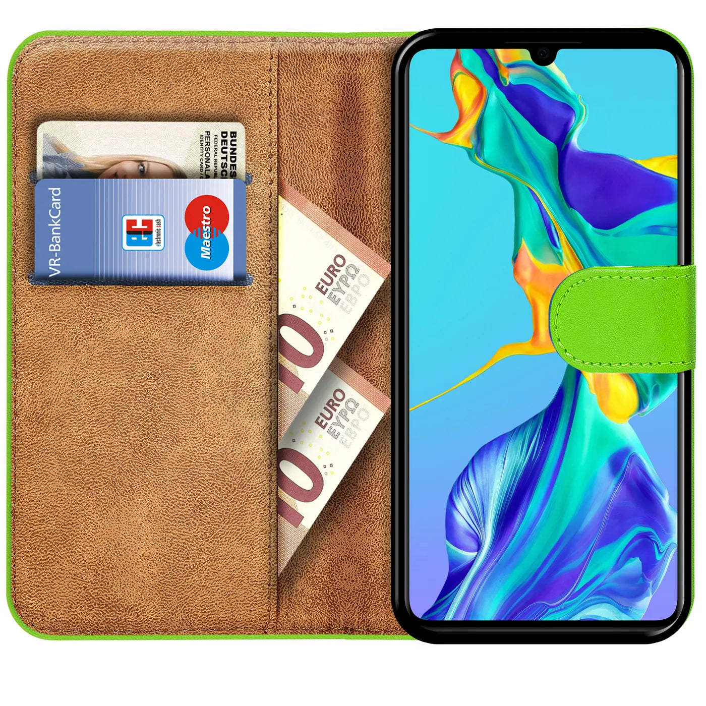 Grüne Kunstleder-Klapphülle mit Kartenfächern, zeigt Huawei P30 Lite.