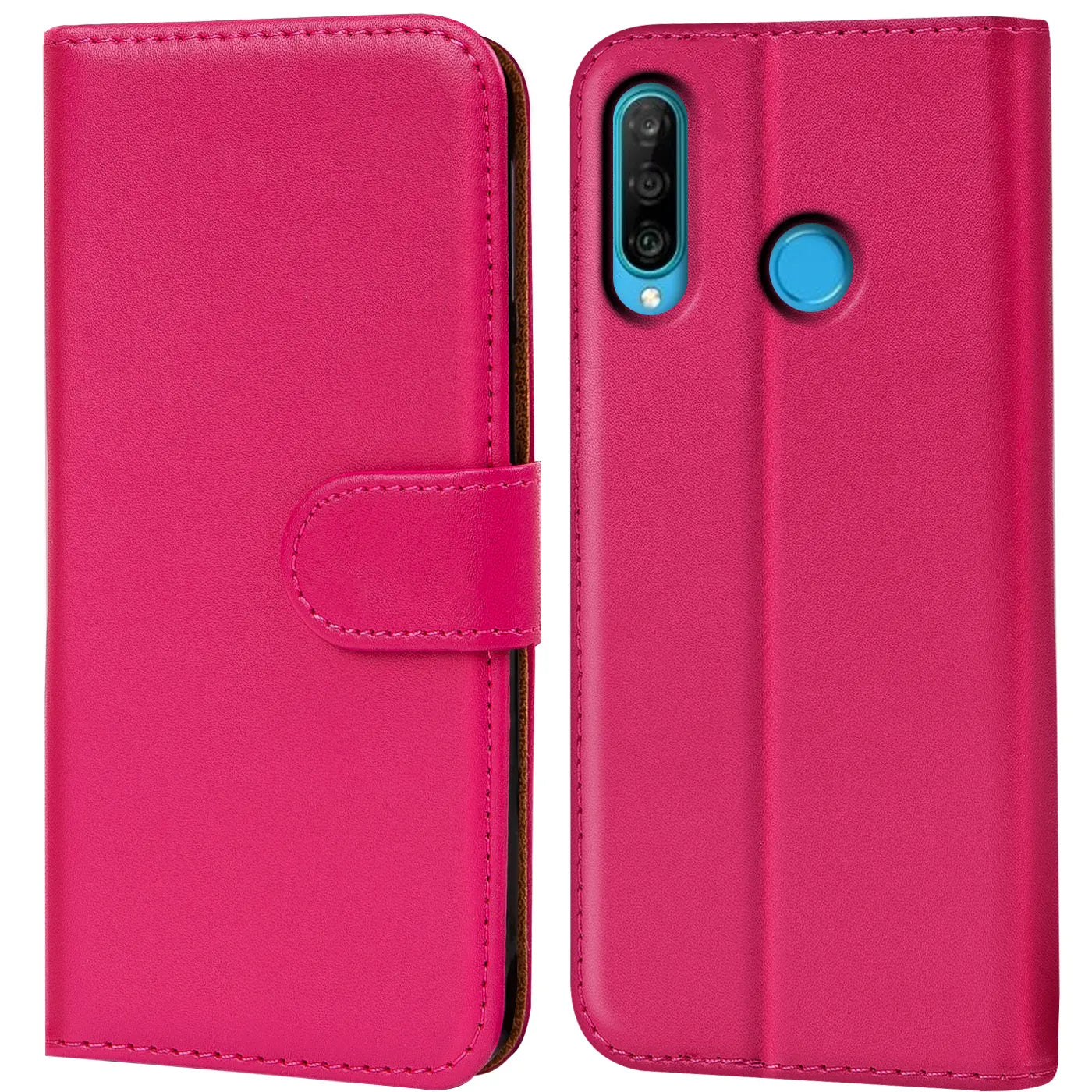 Pink Kunstleder-Klapphülle mit Kartenfächern für Huawei P30 Lite, Vorder- und Rückansicht.