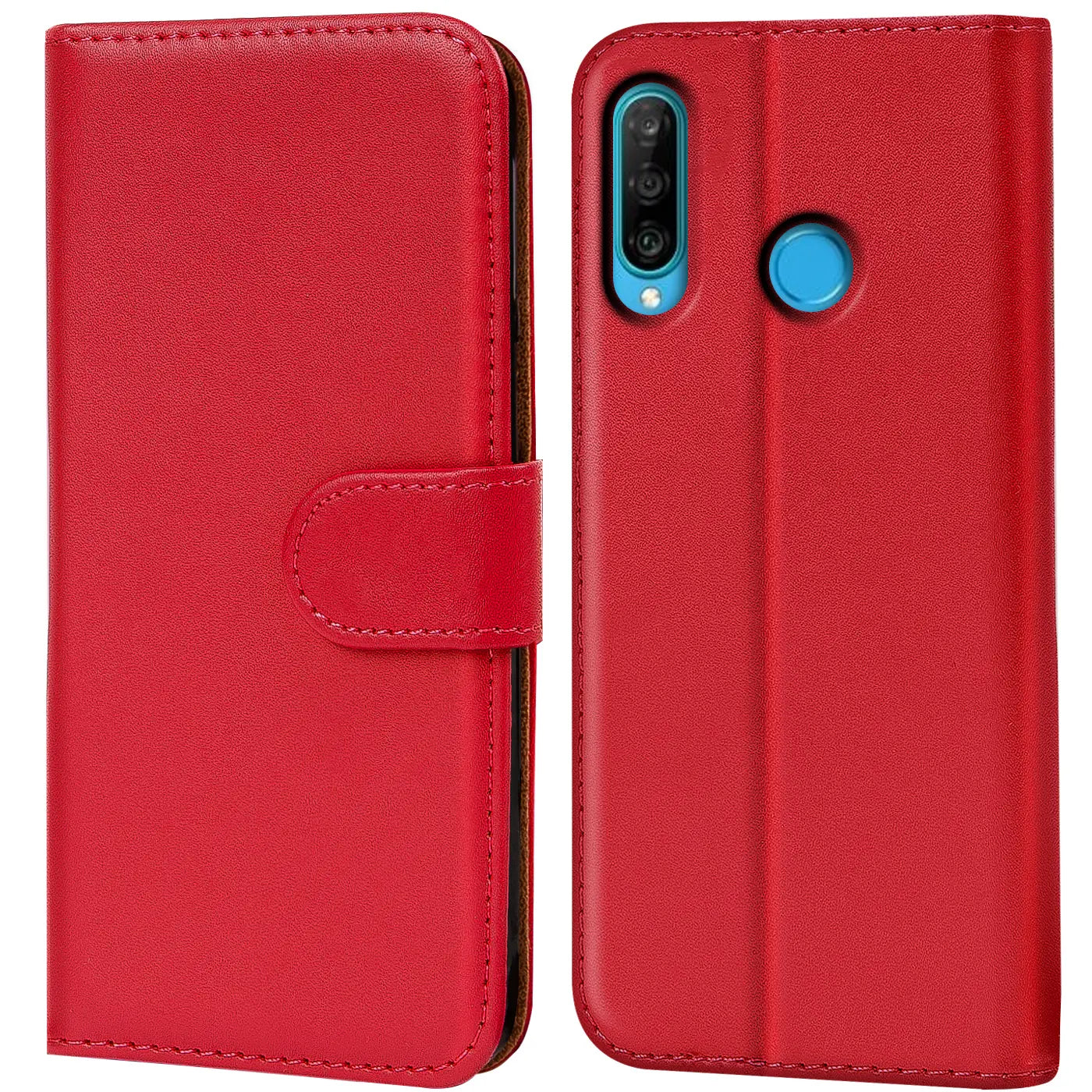 Rote Kunstleder-Klapphülle mit Kartenfächern, Vorder- und Rückansicht, Huawei P30 Lite.