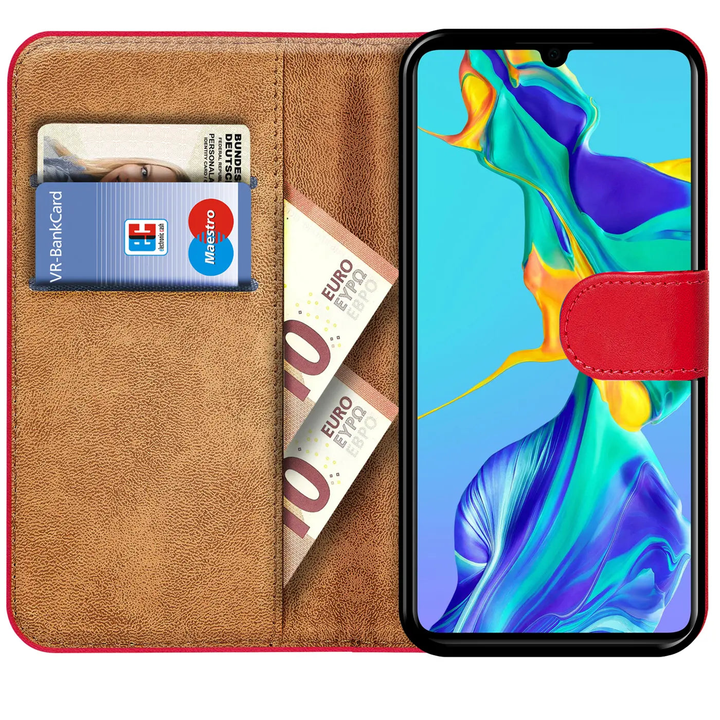 Rote Leder-Klapphülle mit Kartenfächern, zeigt Huawei P30 Lite, von vorne