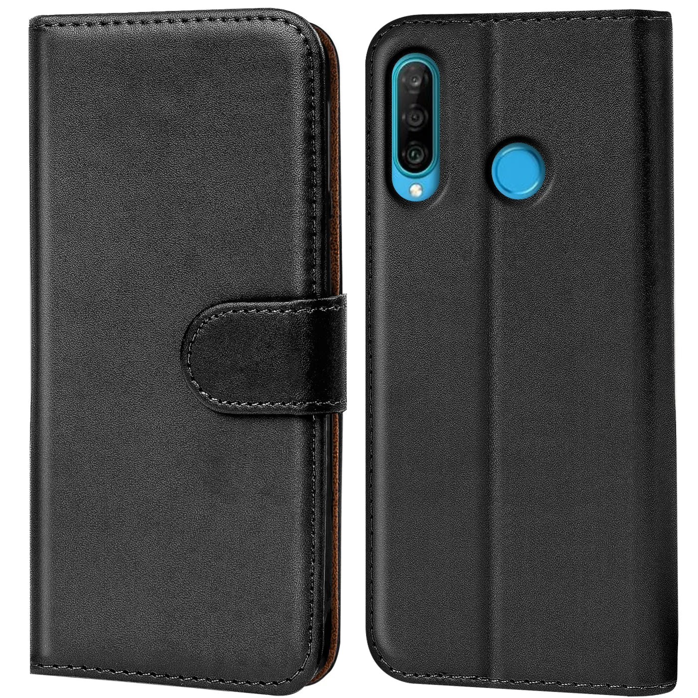 Schwarze Leder-Klapphülle mit Kartenfächern für Huawei P30 Lite, Vorder- und Rückansicht.