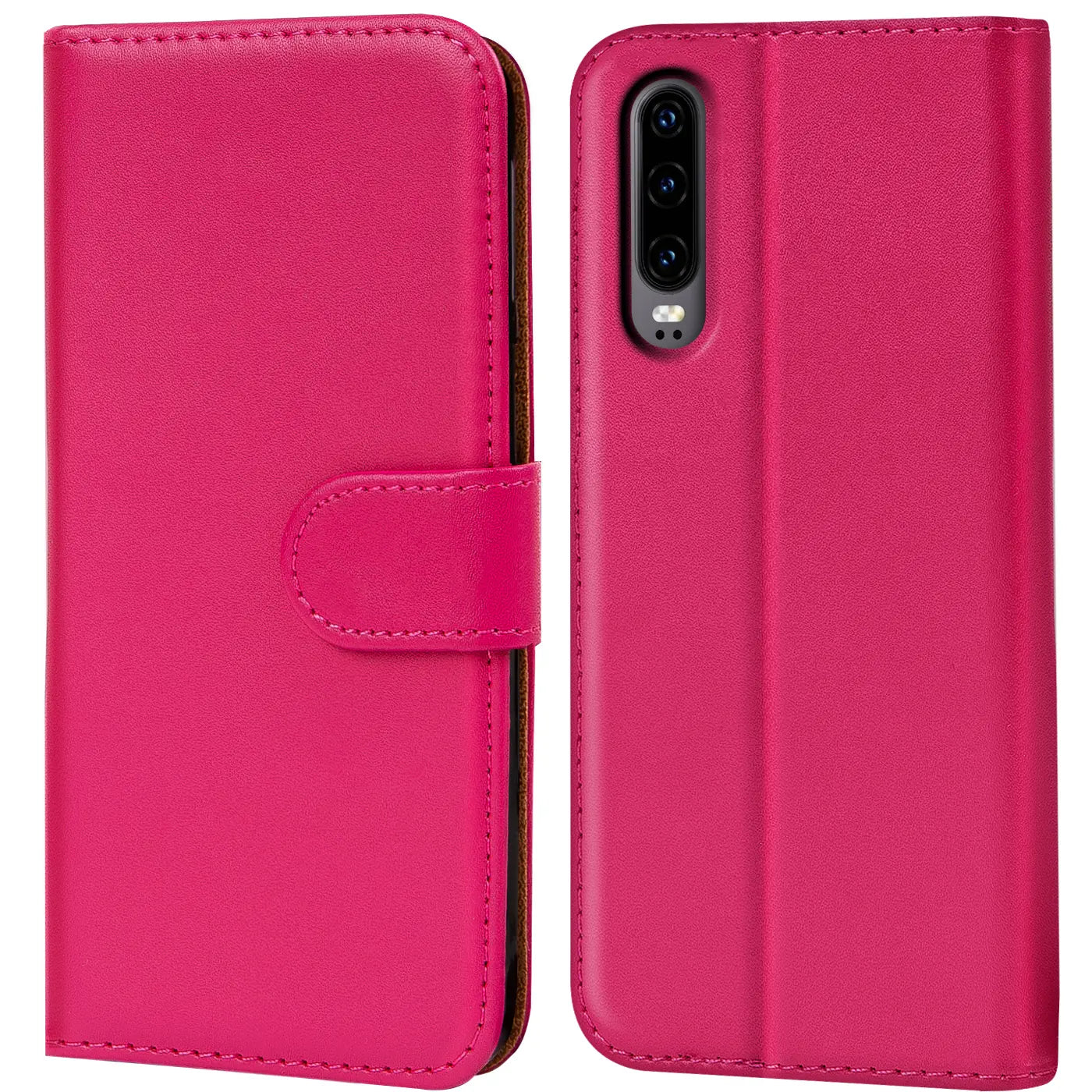 Pink Kunstleder Klapphülle mit Kartenfächern, Huawei P30 sichtbar, Vorder- und Rückansicht.