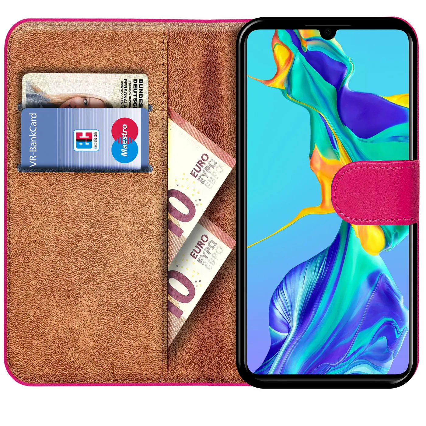 Braune Lederhülle mit Kartenfächern, pinker Verschluss, Huawei P30, von vorne