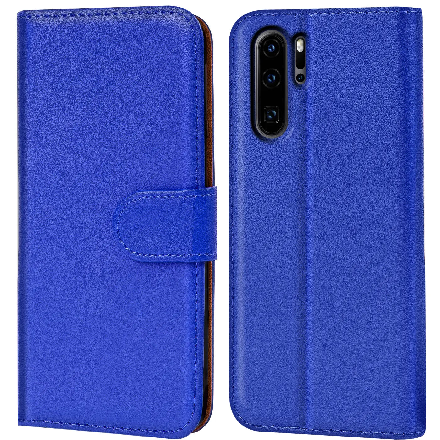 Blaue Kunstleder-Klapphülle mit Kartenfächern für Huawei P30 Pro, Vorder- und Rückansicht.