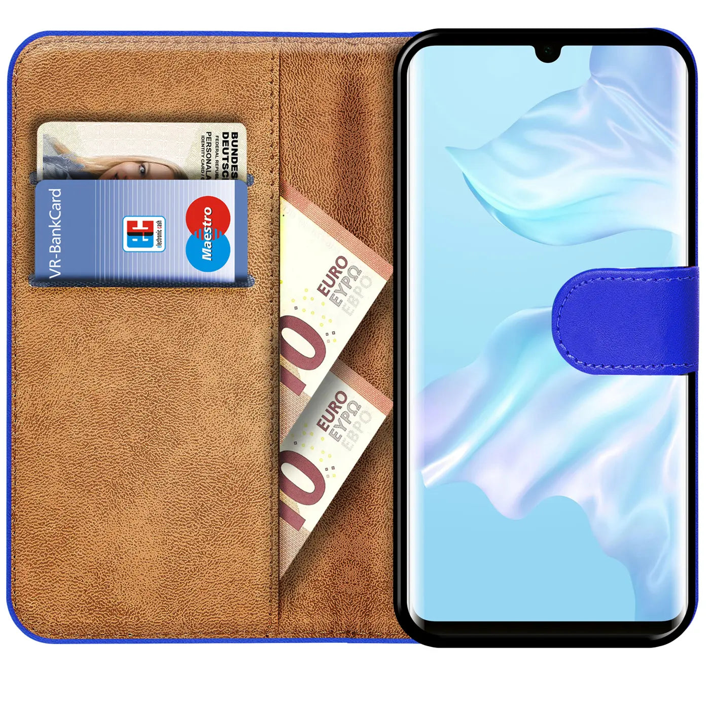 Blaue Kunstleder-Klapphülle mit Kartenfächern und Huawei P30 Pro, von vorne